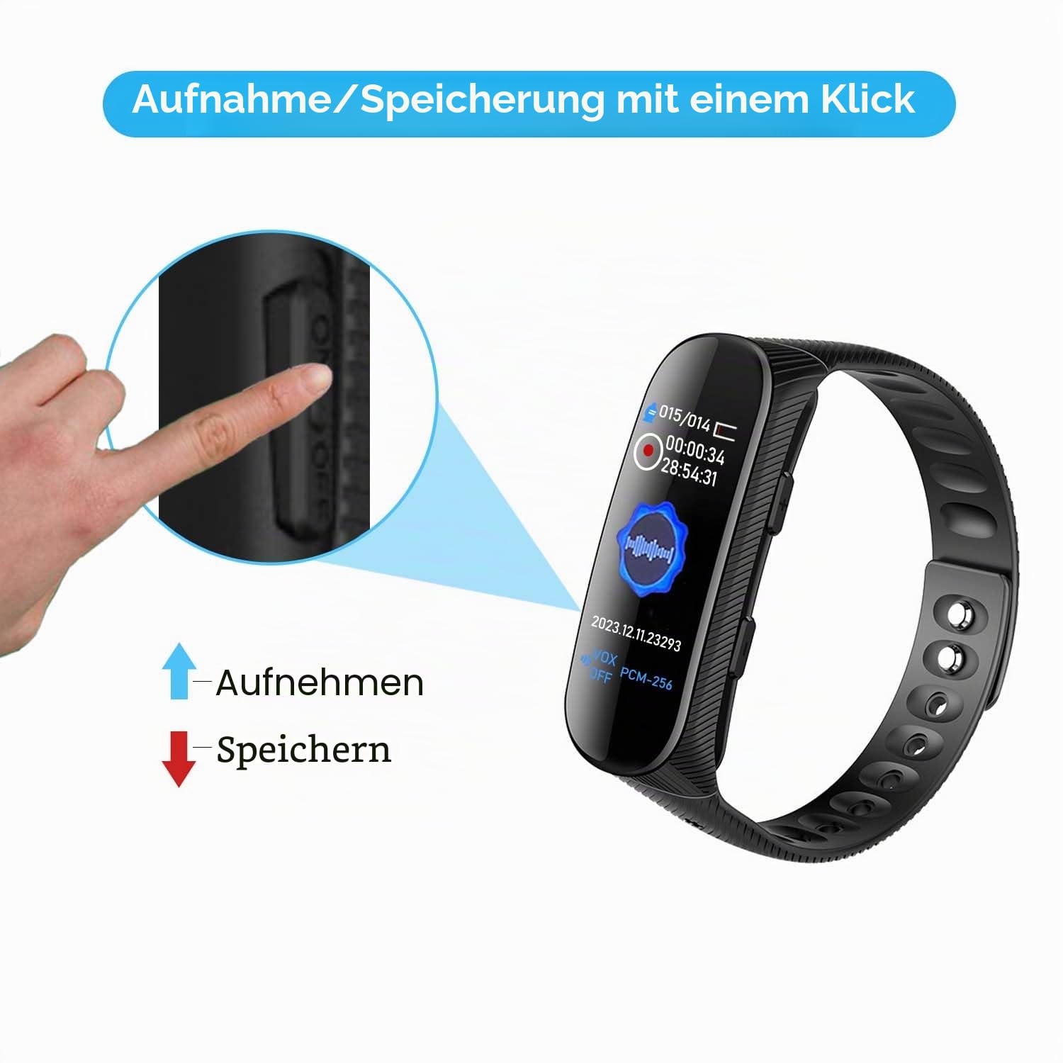 Sprachrecorder Armband 16 GB Professioneller Sprachrecorder mit Sprachaktivierung und MP3-Player Uhr mit Sprachaufzeichnung, wiederaufladbar, USB für Besprechungen, Interviews, Unterricht