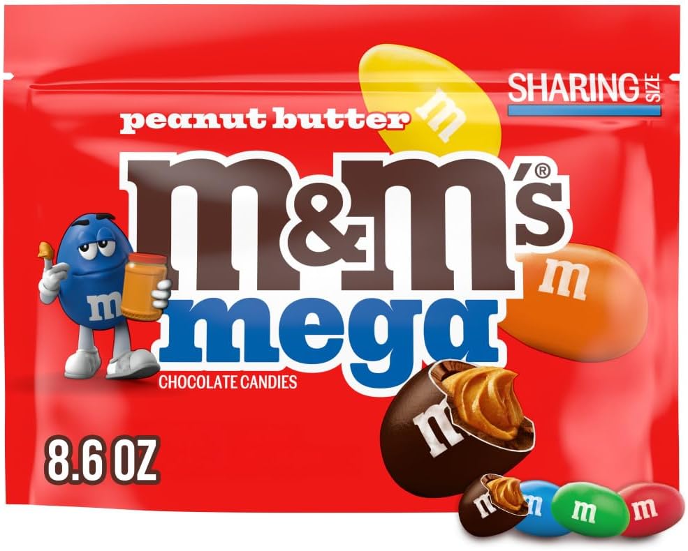 M&M'S Mega Peanut Butter Chocolate Candy, Sharing Size, 8.6 Oz Resealable Bag