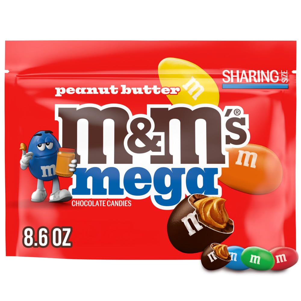 M&M'S Mega Peanut Butter Chocolate Candy, Sharing Size, 8.6 Oz Resealable Bag