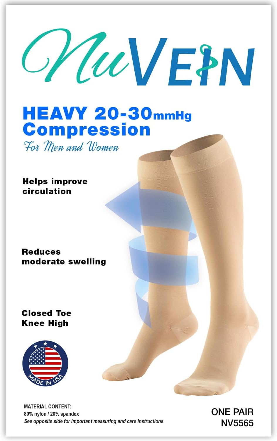 NuVein Medical Compression Stockings, 20-30 mmHg Support for Women & Men, Knee Length, Closed Toe, Beige, Small - Image 2