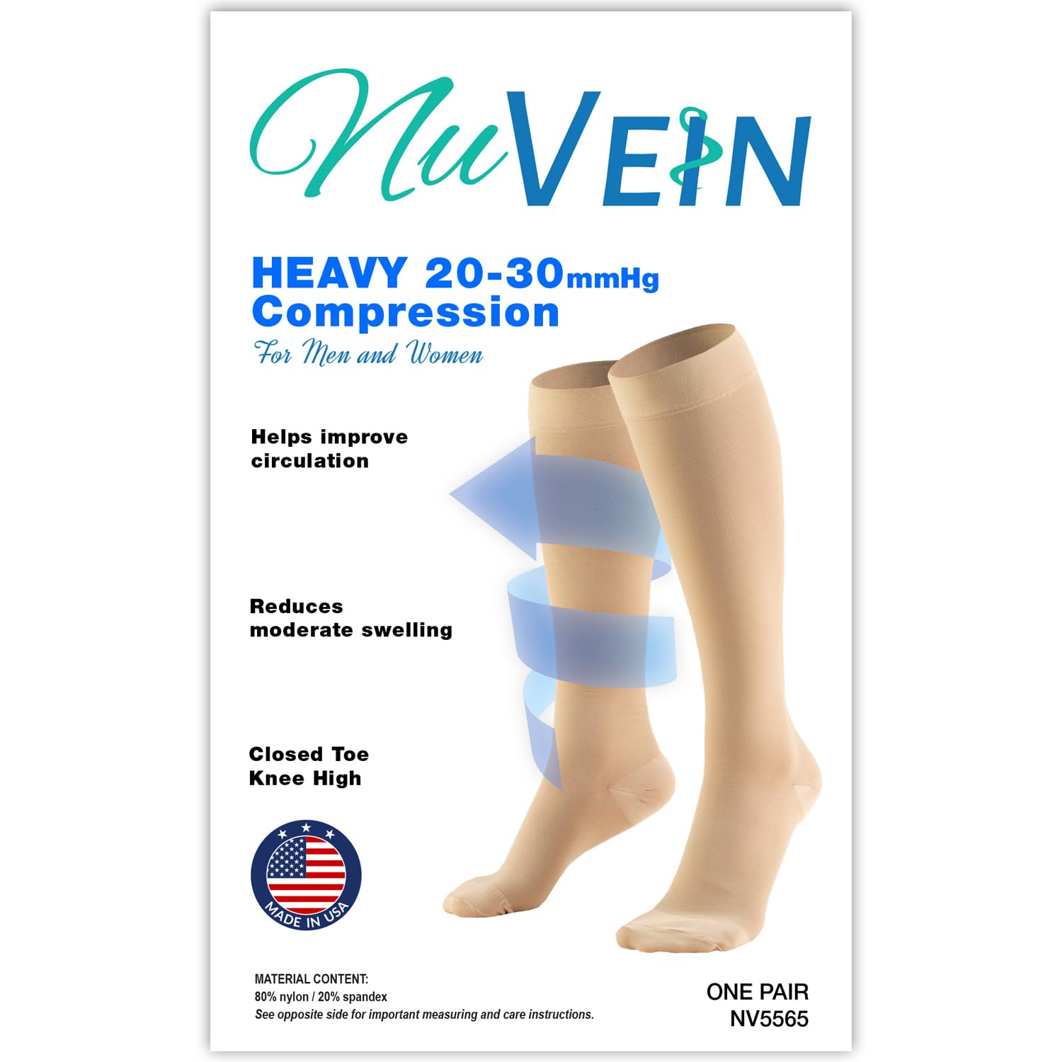NuVein Medical Compression Stockings, 20-30 mmHg Support for Women & Men, Knee Length, Closed Toe, White, Small