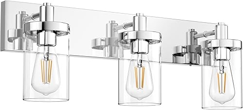 Aipsun Lámpara de tocador cromada para baño, 3 luces, casa de campo, luces sobre espejo con pantalla de vidrio transparente (no incluye bombilla)