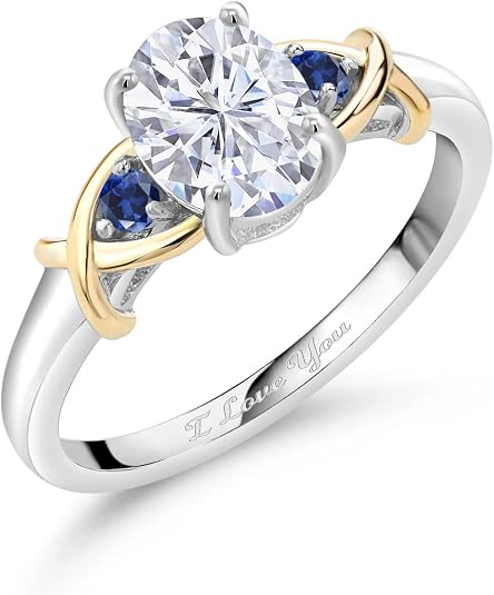Gem Stone King 925 Sterling Silver and 10K Yellow Gold Customized and Personalized 3-Stone 8X6MM Oval and 2MM Round Gemstone Birthstone Name Engraved Ring For Women