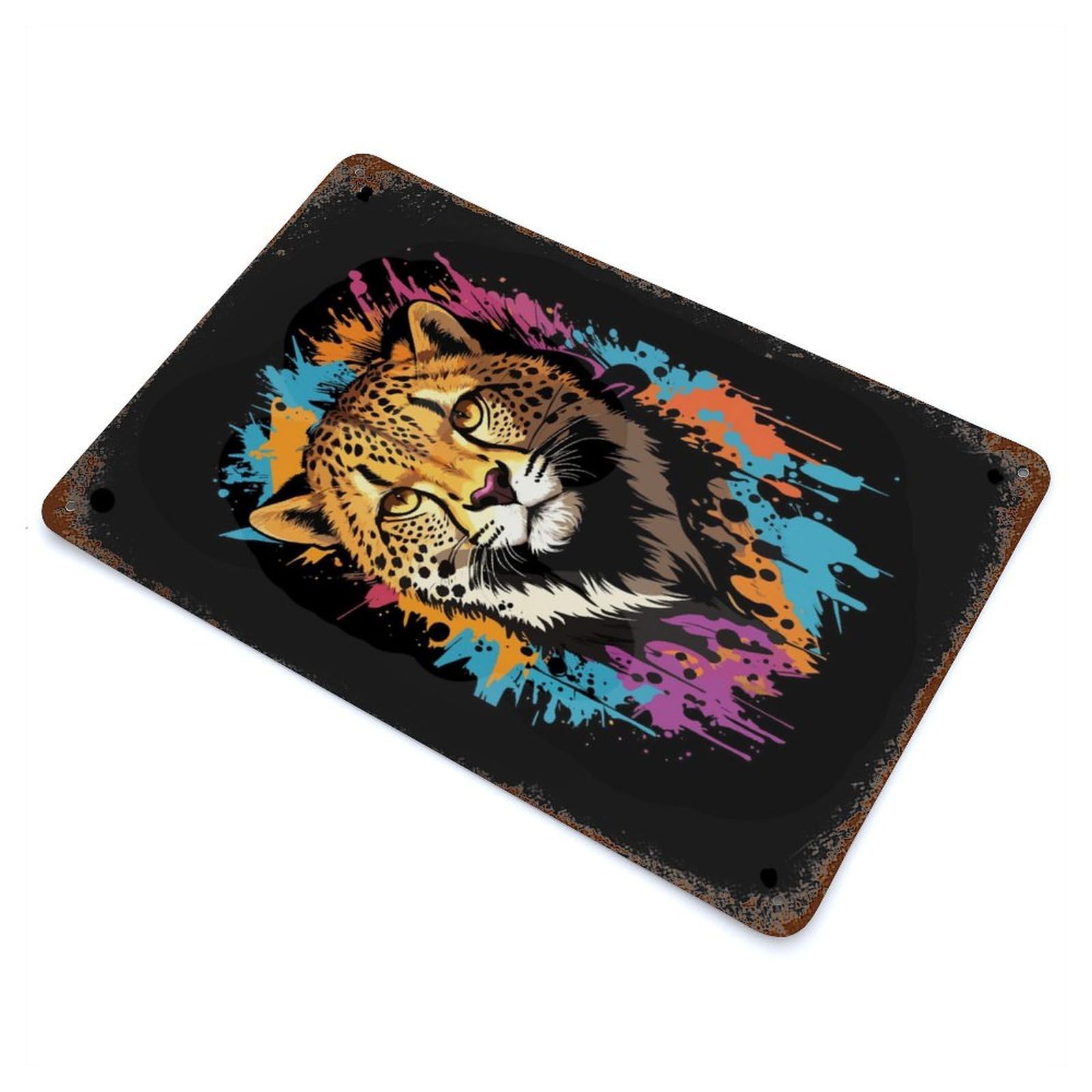 Cheetah Head Graffiti Rustic Tin Plaque 11.8"x7.9", Ideal for Shed, Workshop And Garage Wall Decor