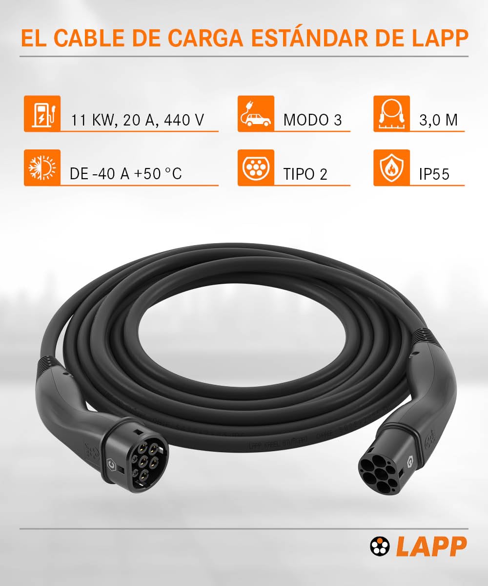 LAPP MOBILITY 11KW Cable de carga de coche eléctrico 3 m tipo 2 cable de carga de coche – IP55 resistente al agua Cable tipo 2 11 KW 20 a – Cable de carga tipo 2 modo 3 – Negro – Fabricado en Alemania
