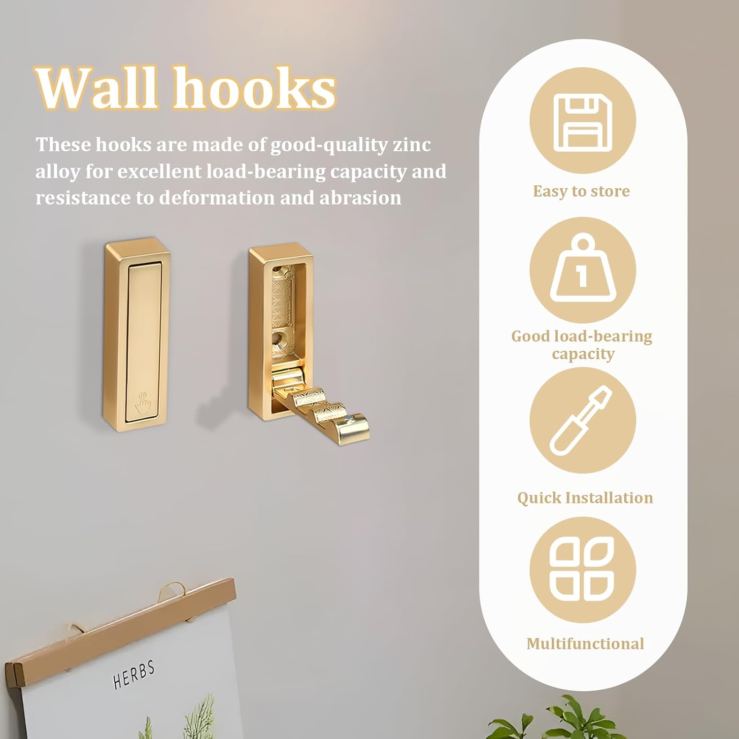 2pack Gold Foldable Wall Hooks, Folding Coat Hooks Wall Mounted, Foldable Plant Hanger, Gold Coat Rack Wall Mount (2, Square)