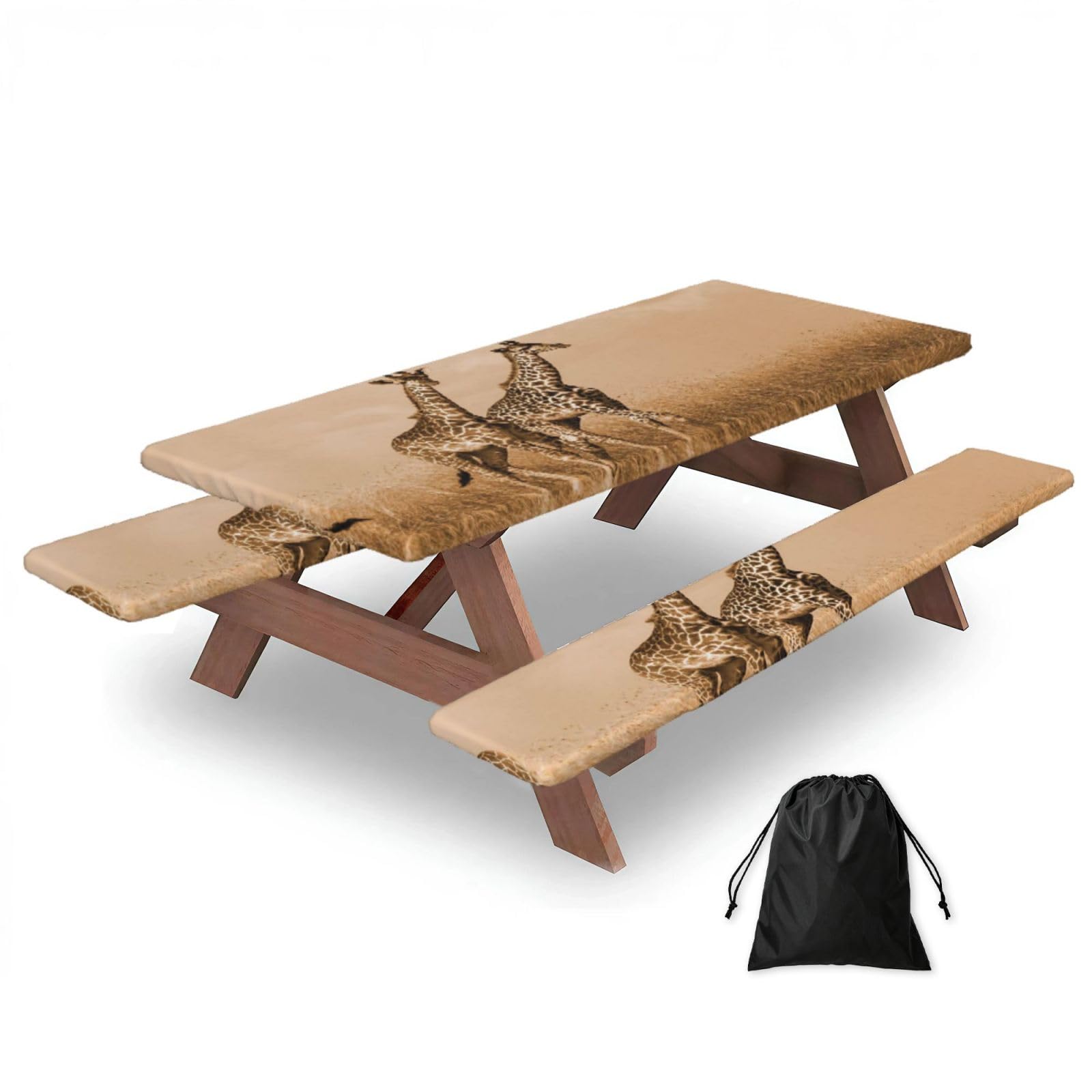 EZDLOWVBA Two Giraffe Running On The Barren Print Picnic Table Cover With Bench Covers Waterproof Fitted Picnic Table Outdoor Elastic Picnic Tablecloth Outdoor Camping Essentials(3pcs)