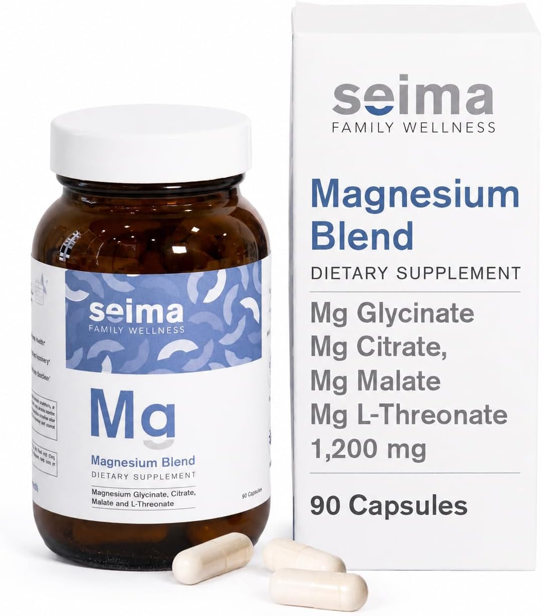 SEIMA - 4-in-1 Magnesium Complex – 1200 mg with Glycinate, Citrate, L-Threonate and Malate – Sleep, Stress Relief, Muscle Recovery, Energy and Well-Being for Women and Men, 90 Capsules