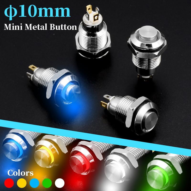 1pc 10mm Metal Push Button Switch with LED Indicator Self-Reset Momentary 4pins High Head 3v5v12v24v220v(Red,12-24V)