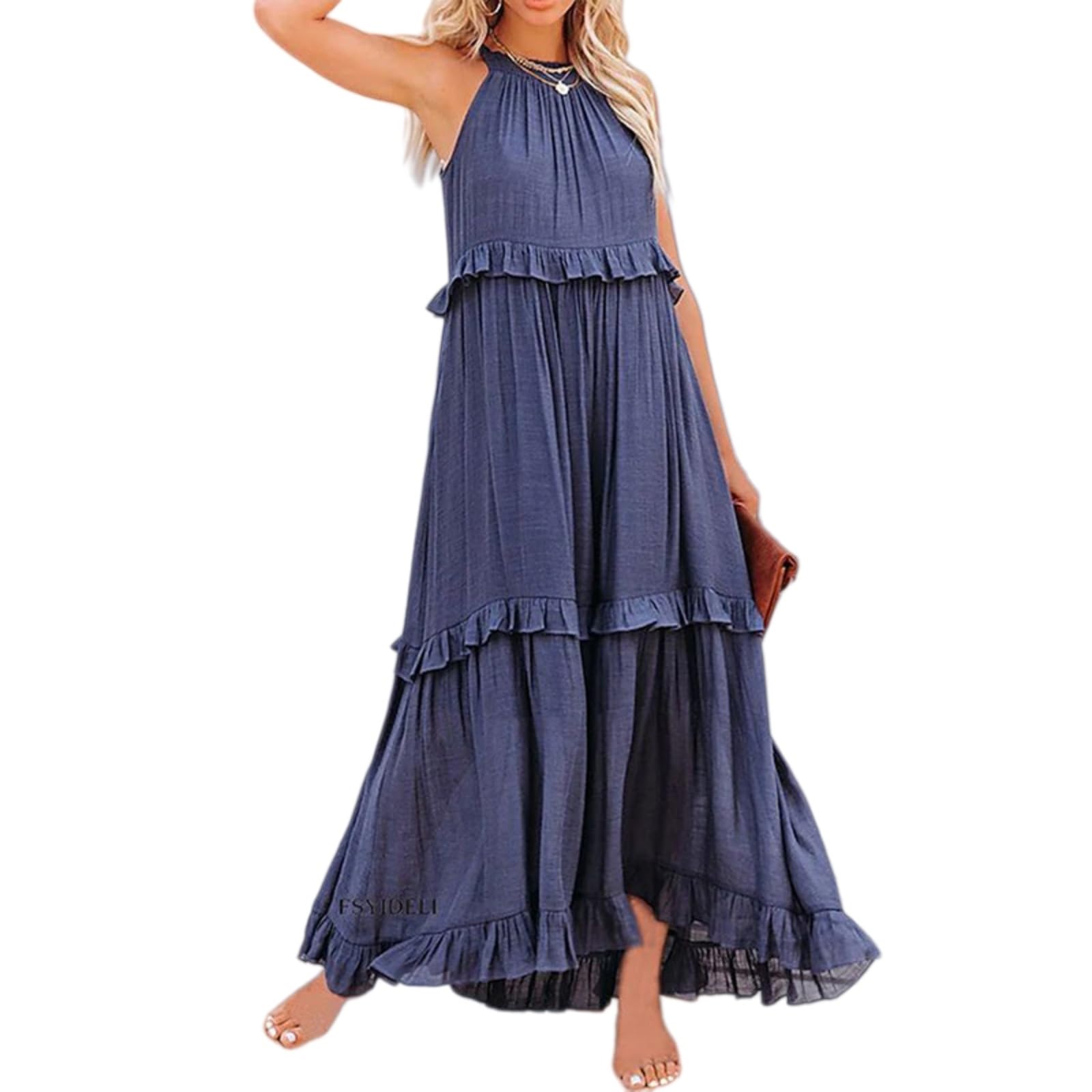 Vestito Donne 2026 Estate Elegante Ruffle Abito Senza Maniche Harajuku Maxi Sundress Casual Beach Vacation Party Dress-Apricot-m
