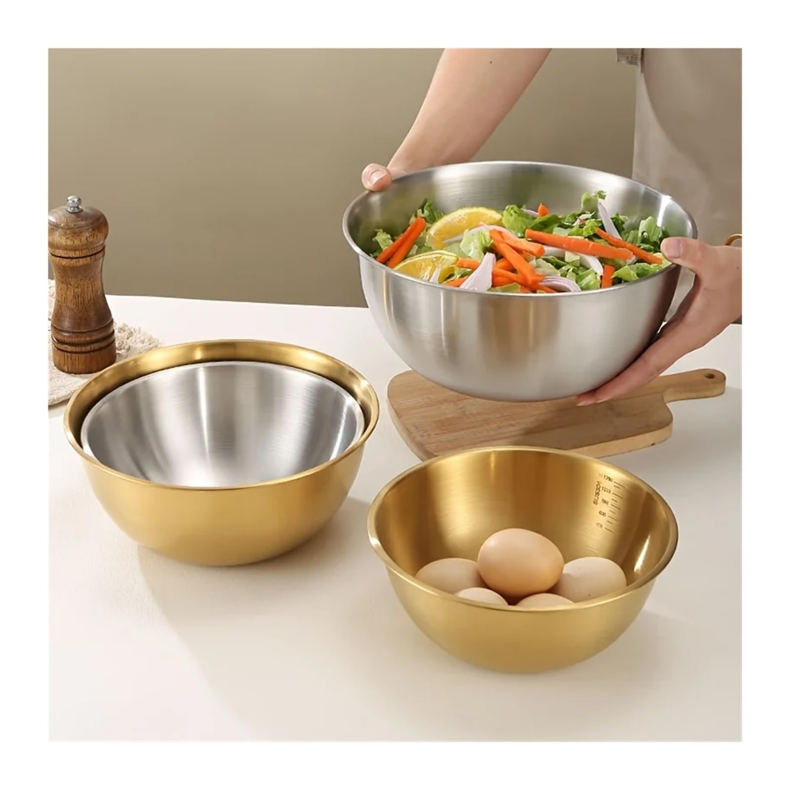 Genérico 3 piezas Un juego de tres tazones acero inoxidable for mezclar, amasar y servir ensaladas, adecuados for uso en la cocina(Purple)