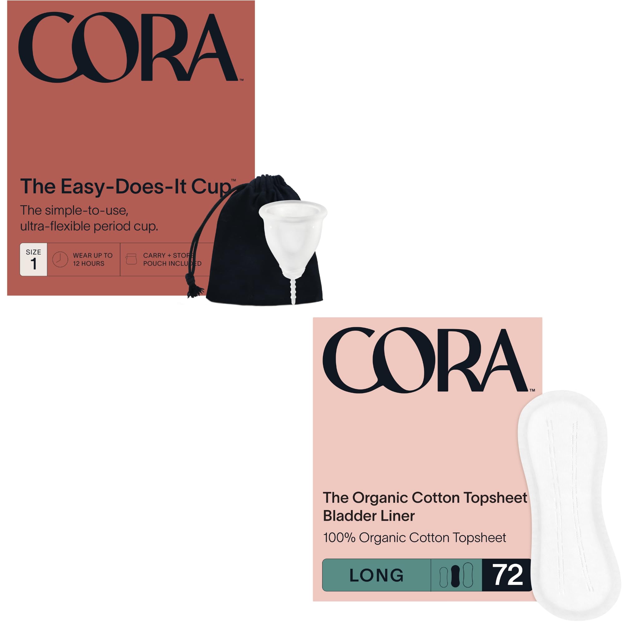 Cora Organic Feminine Care Menstrual Period Cup Size 1 and 72 Long Bladder Liners Incontinence Postpartum Pads Eco-Conscious