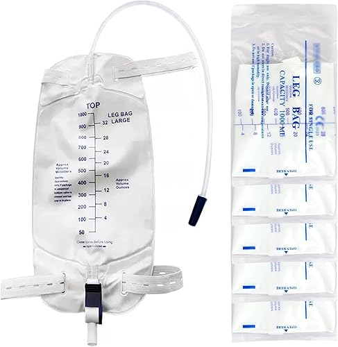 Paquete de 5 bolsas para piernas urinarias de 33.8 fl oz, bolsas de catéter con válvula antirreflujo y tubo antitorceduras de 18 pulgadas, correas