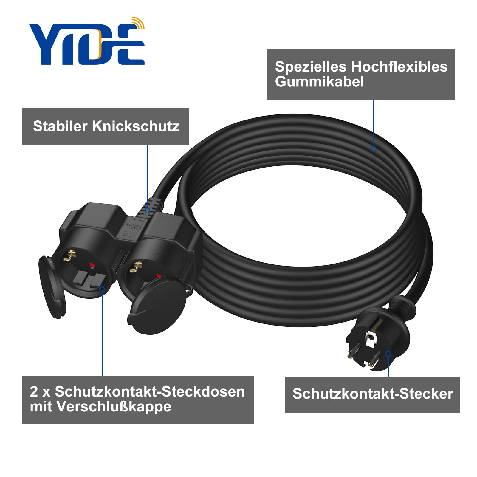 Verlängerungskabel 20m mit 2 Schuko-Steckdosen Outdoor, Doppel-Verlängerung für den Außenbereich IP44, 2 Schutzkontakt Buchsen, Gummi Stromkabel außen 3500 W, 2-Fach Verteiler mit Schutzkappe