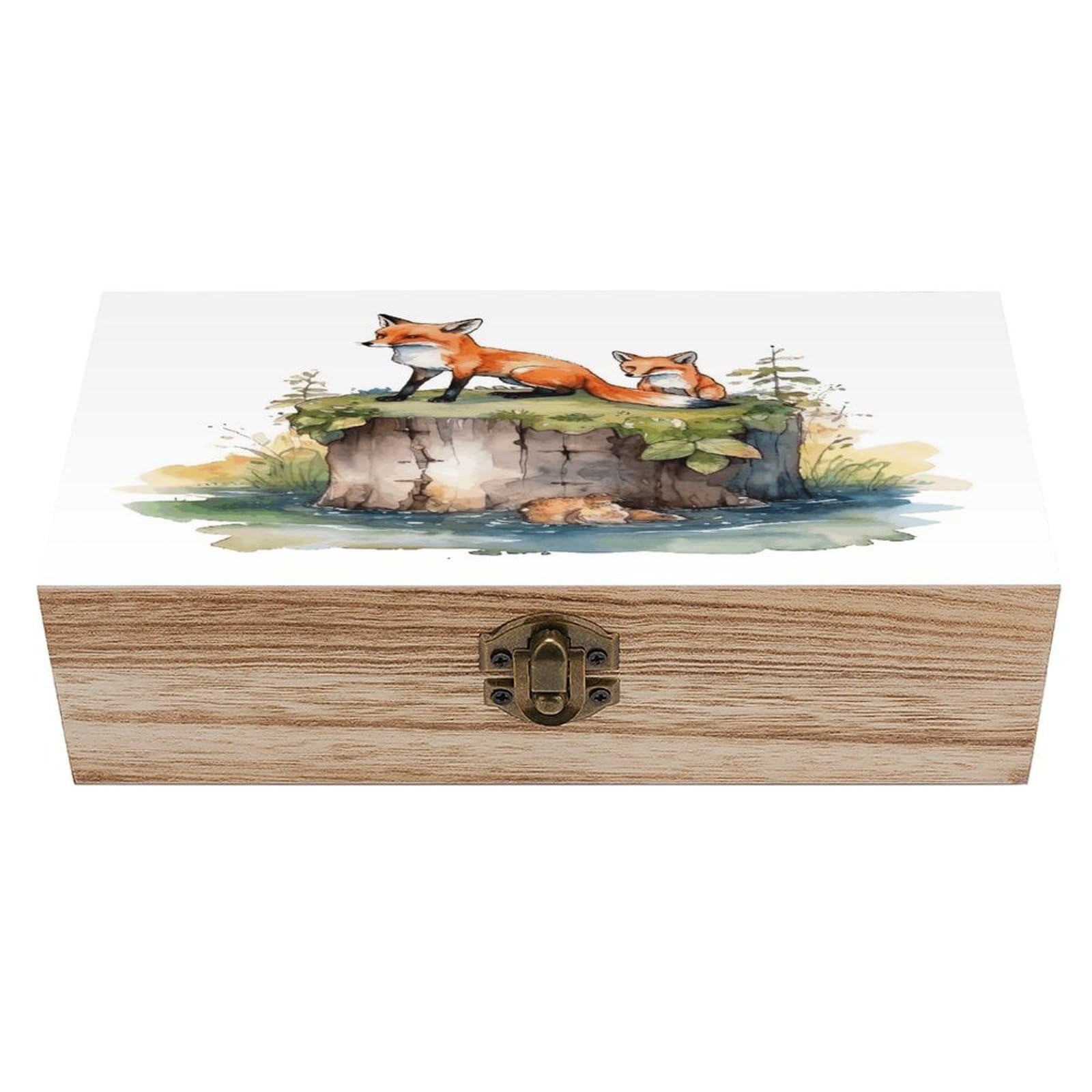 Btcowzrv Style Hand Drawn Fox Wooden Storage Box, Keepsake Box With Hinged And Retro Lock, Wood Jewelry Organizer For Photos & Mementos And Home Decor