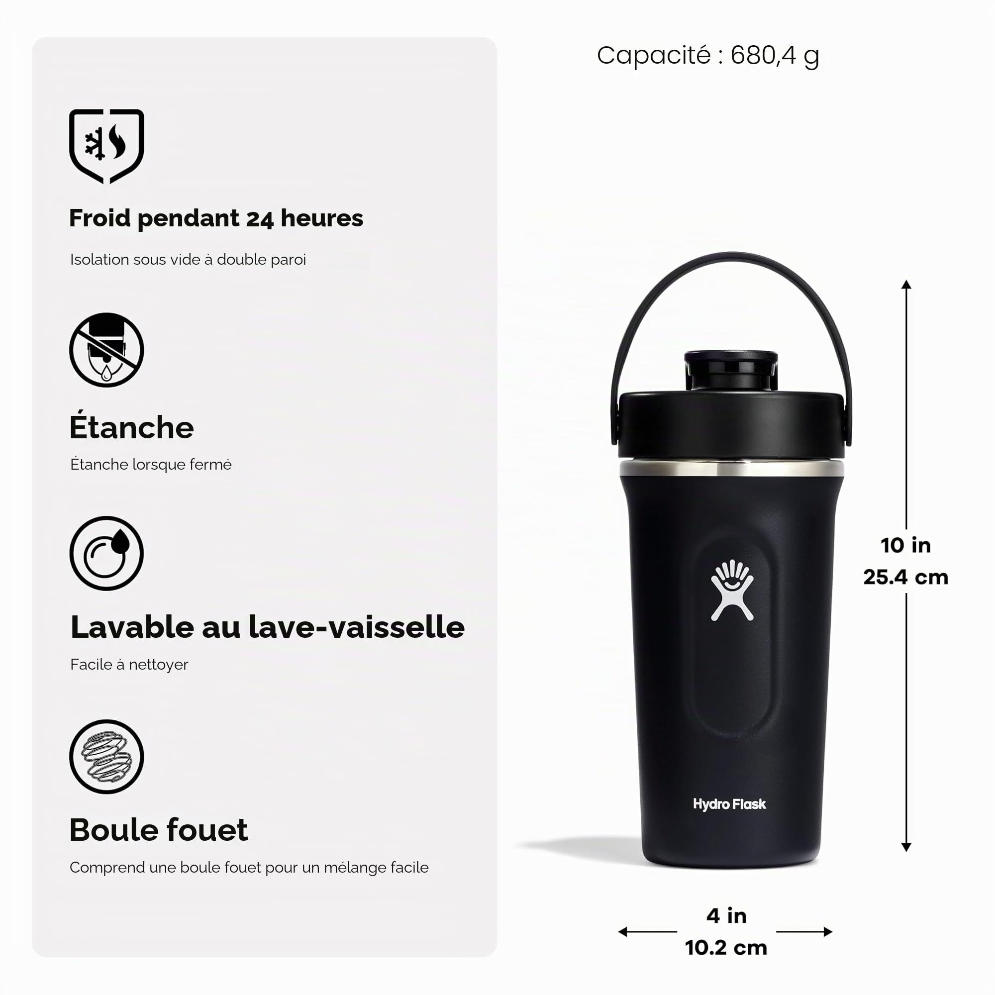 Hydro Flask - Insulated Shaker Bottle - Shaker isolé 709 ml (24 oz) pour Smoothies, Boissons Protéinées et Compléments Alimentaires - Black