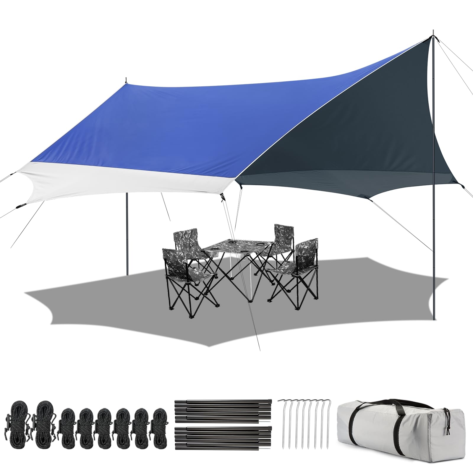 Toldo de Camping con 2 Postes, 3.7 x 4.3 m, toldo Impermeable PU2000+, UPF 50+, Revestimiento Plateado, Lona Impermeable con Ojales para Camping, mochileros, Senderismo