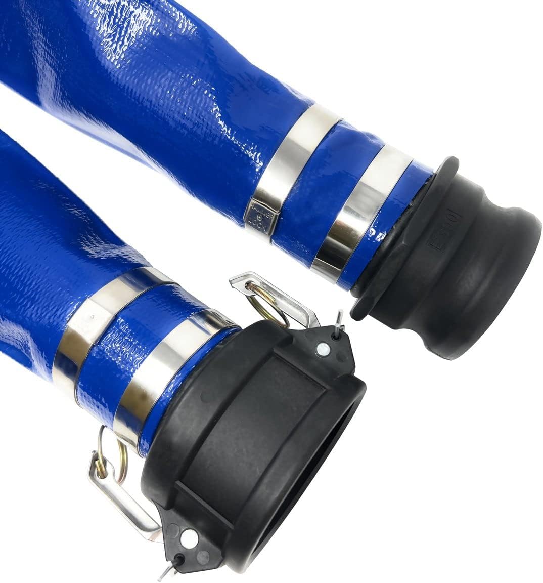 Gloxco 4" x 25′ Blue Lay Flat PVC Discharge Hose Assembly with Poly Cam and Groove C and E Fittings