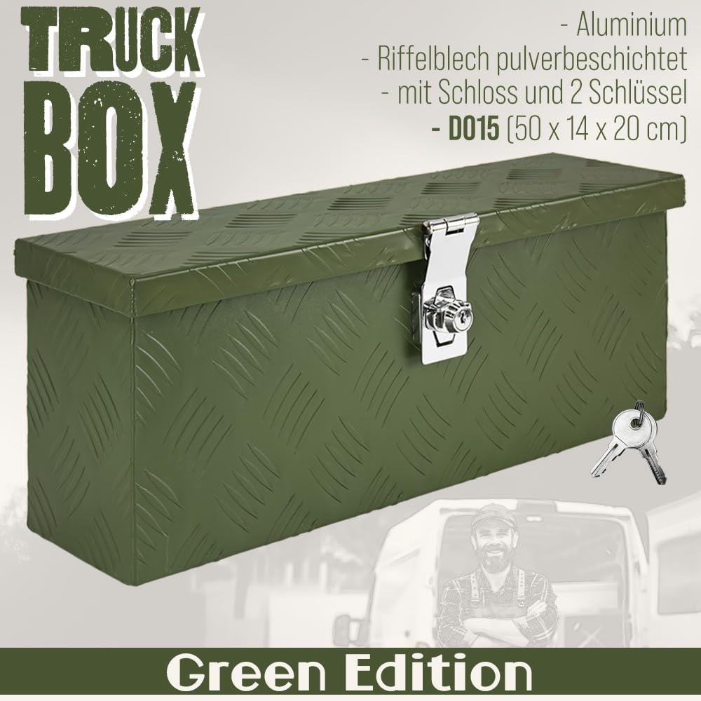 Trucky Caja de almacenamiento verde para enganche de remolque Caja de herramientas Truckbox para remolque Caja de transporte con cerradura Caja de aluminio Caja de herramientas Caja de almacenamiento