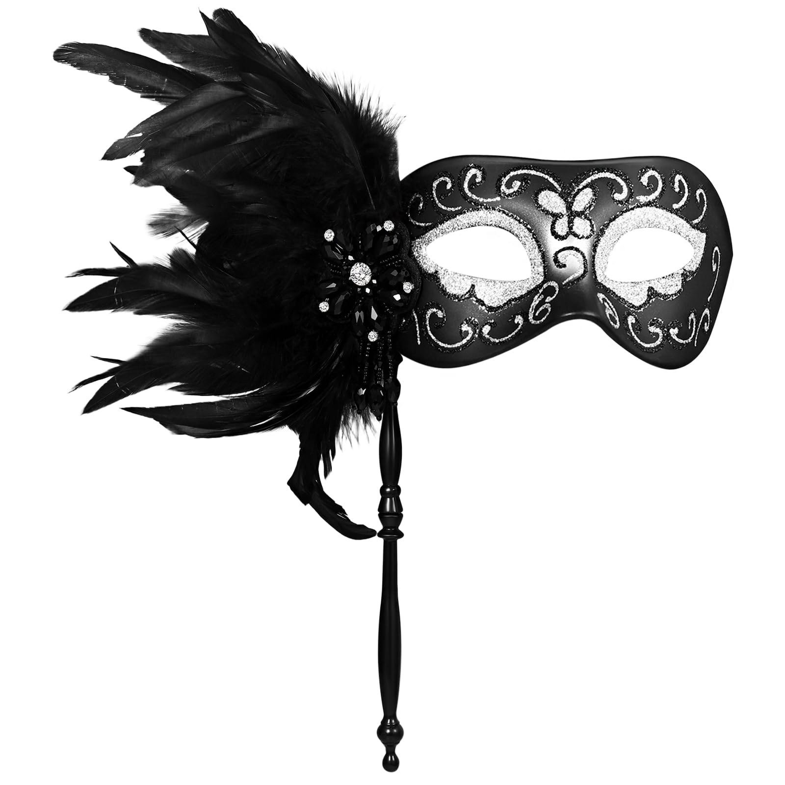Oidea Masquerade Mask for Women with Stick: Handheld Mardi Gras Mask Women's Feather Prom Party Venetian Mask Shiny Bead Masks Halloween Costume Accessory
