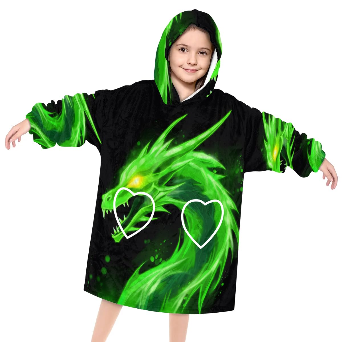 Wearable Blanket Hoodie for Kids, Mighty Dragon Fleece Sweatshirt Blanket Oversized Blanket Sweatshirt with Pocket Flannel Warm Hooded Blanket 6-10 Year Old Girl Boy Gift, One Size