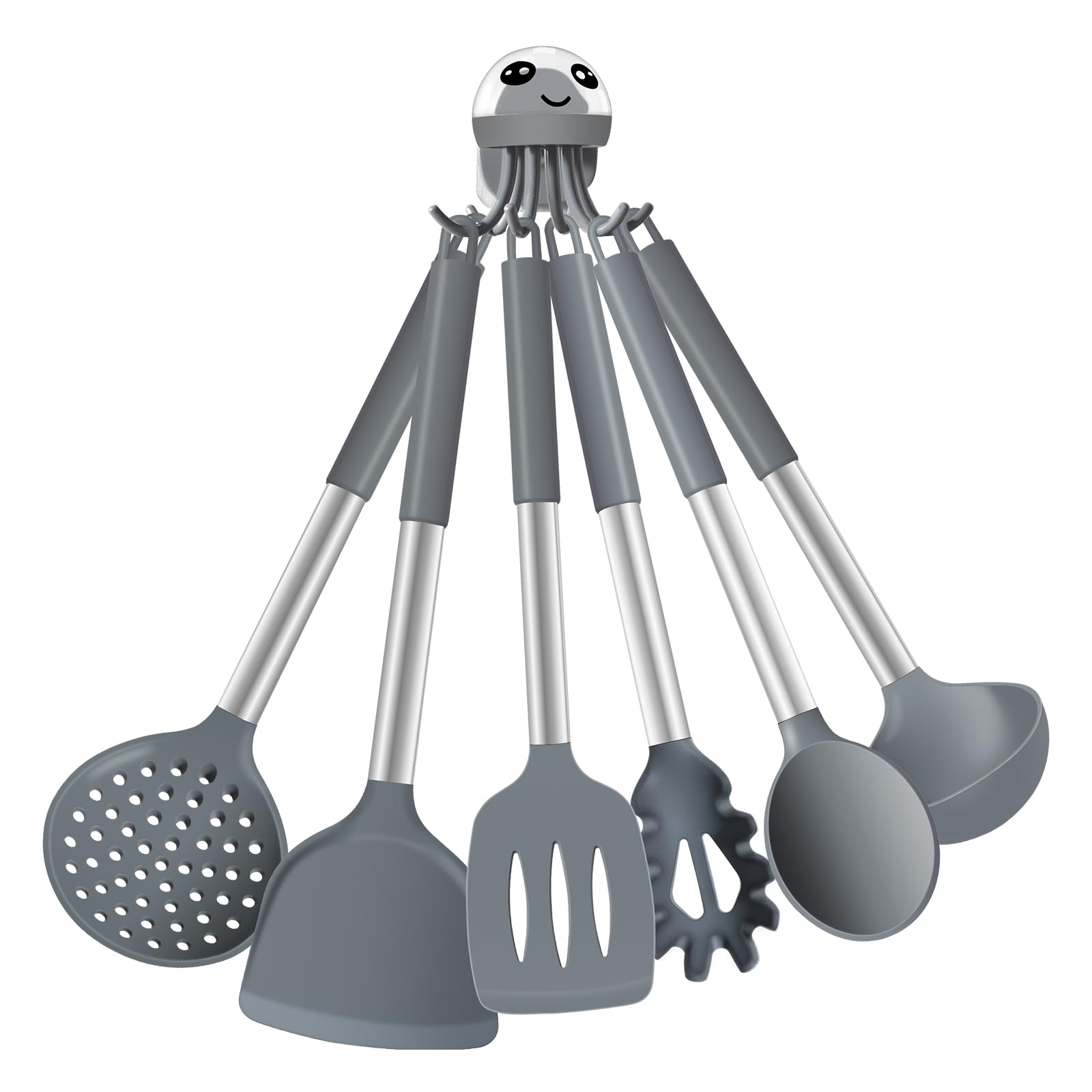 GOODFEER Silikon Küchenhelfer Set 6 teilig Küchenutensilien mit Klebehaken, Spülmaschinenfest Kochbesteck enthält Pfannenwender, Schlitzwender, Spaghettilöffel, Kochlöffel, Suppenkelle und Schaumlöffe