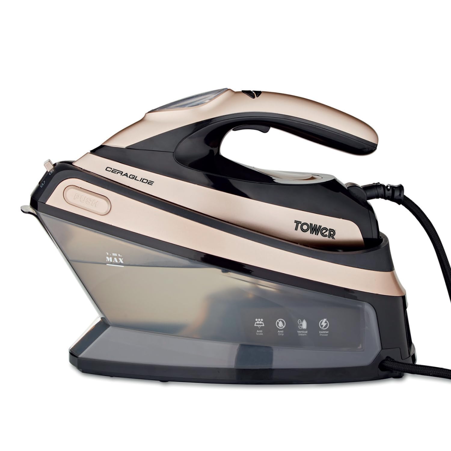 Tower Steam Generator Iron 2400W, High Pressure Steam for Faster Ironing, 135g/min Continuous Steam, 1.5L Tank for Longer Use, Fast Heat-Up, Ceramic Soleplate, Gold & Black (T22024GLD)