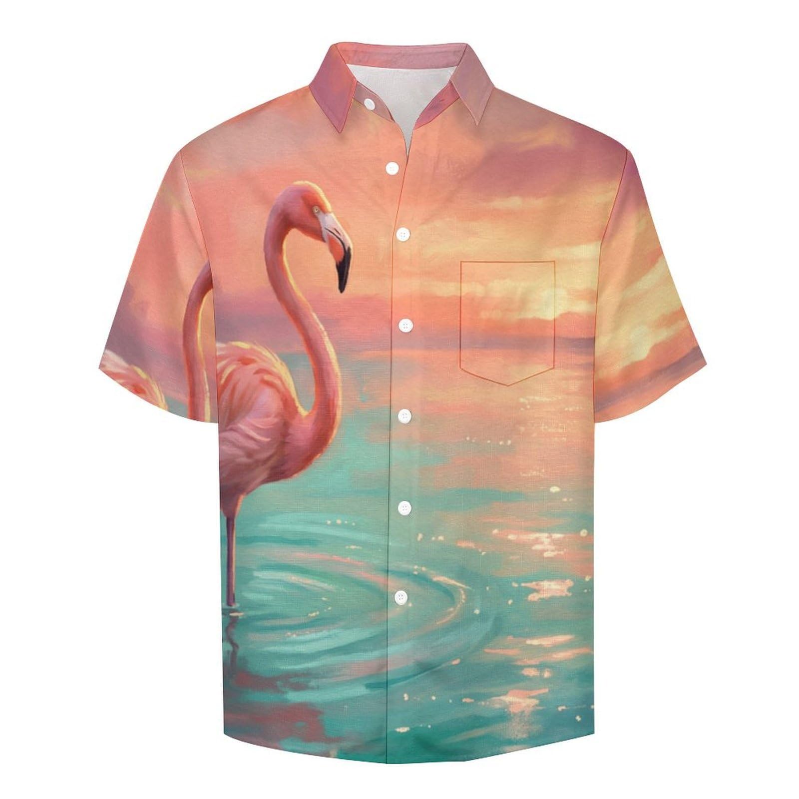 Camicie a Maniche Corte da Uomo - Camicie da Spiaggia con Stampa Fenicotteri Marini al Tramonto Retro, Funky Estiva Cool Camicia Hawaiana Monopetto Camicia S-5XL
