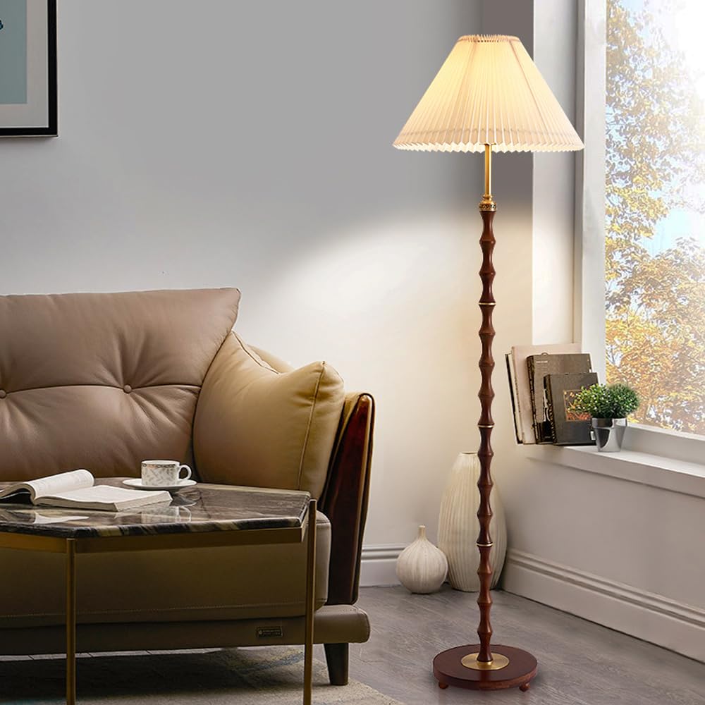 HGJHJJHK Mid Century 62.2" Wooden Floor Lamp Fabric Floor Light Walnut Standing Lamp with Copper Body E26 Dimmable Pleated Cloth Tall Light for Living Room Bedroom Study