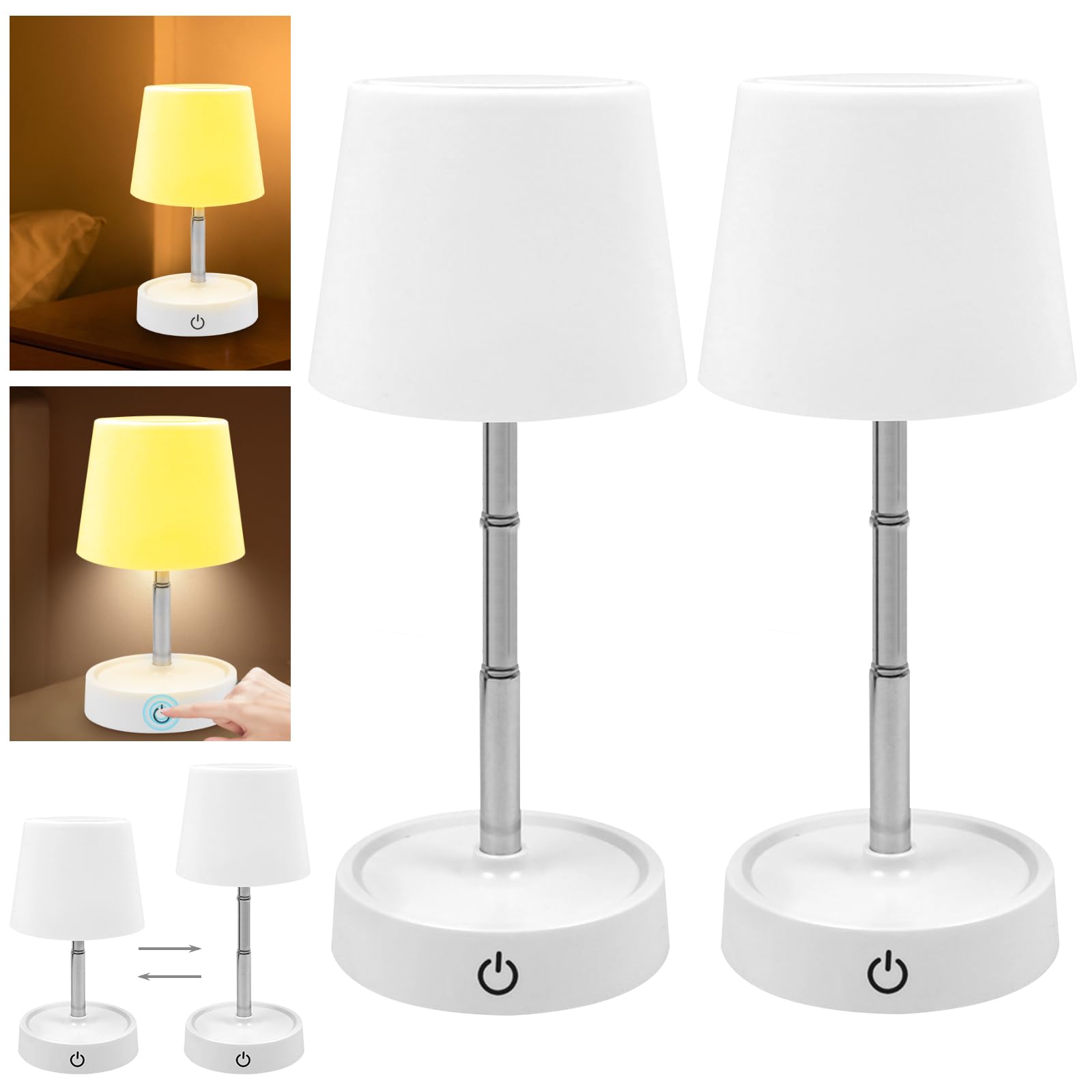 WIYETY 2 lámparas de mesa LED: Touch LED batería lámpara de mesa regulable en altura regulable, lámpara de mesa LED para mesita de noche, escritorio, dormitorio, salón, IP54, recargable por USB, color