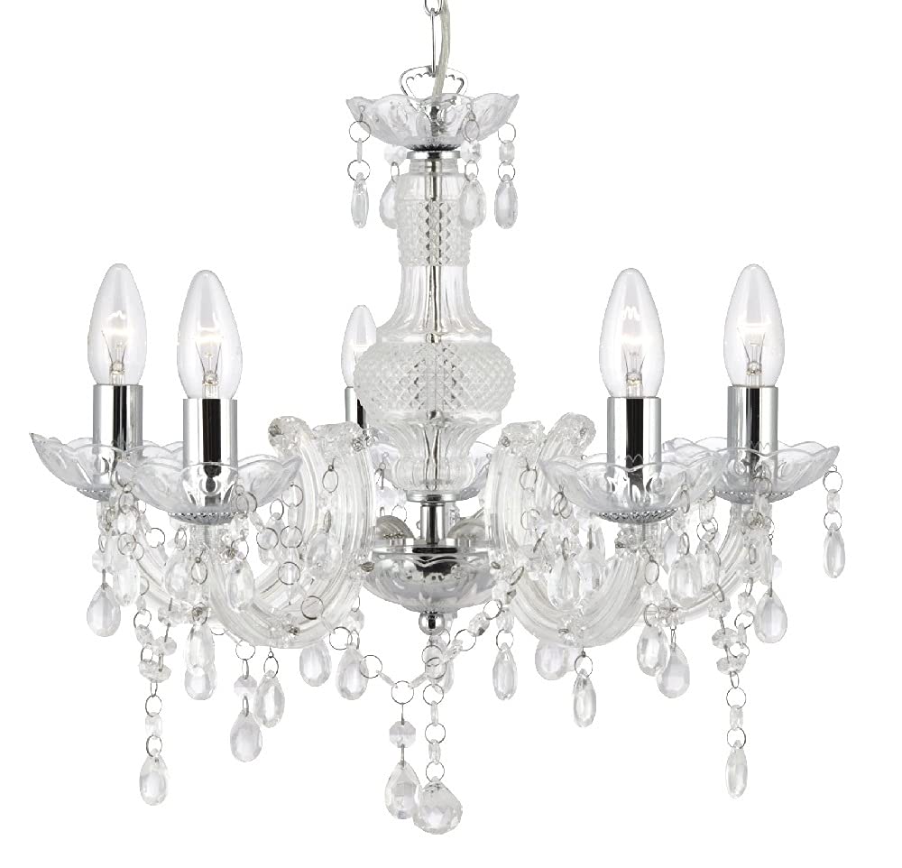 Britalia Clear & Chrome 5 Lamp Traditional Chandelier Pendant Ceiling Light | 48cm Diameter | 5 x E14 SES Lamp Bulbs Required (Not Included) | Vintage Retro Design