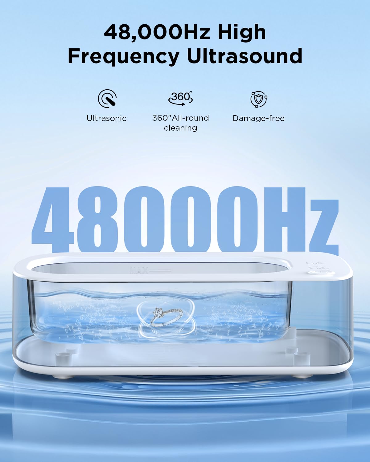 Ultradźwiękowa maszyna do czyszczenia biżuterii: ultradźwiękowa myjka 48 kHz do biżuterii, okularów, pierścionków, paska do zegarka, protez, z dwoma trybami czyszczenia, zbiornik ze stali