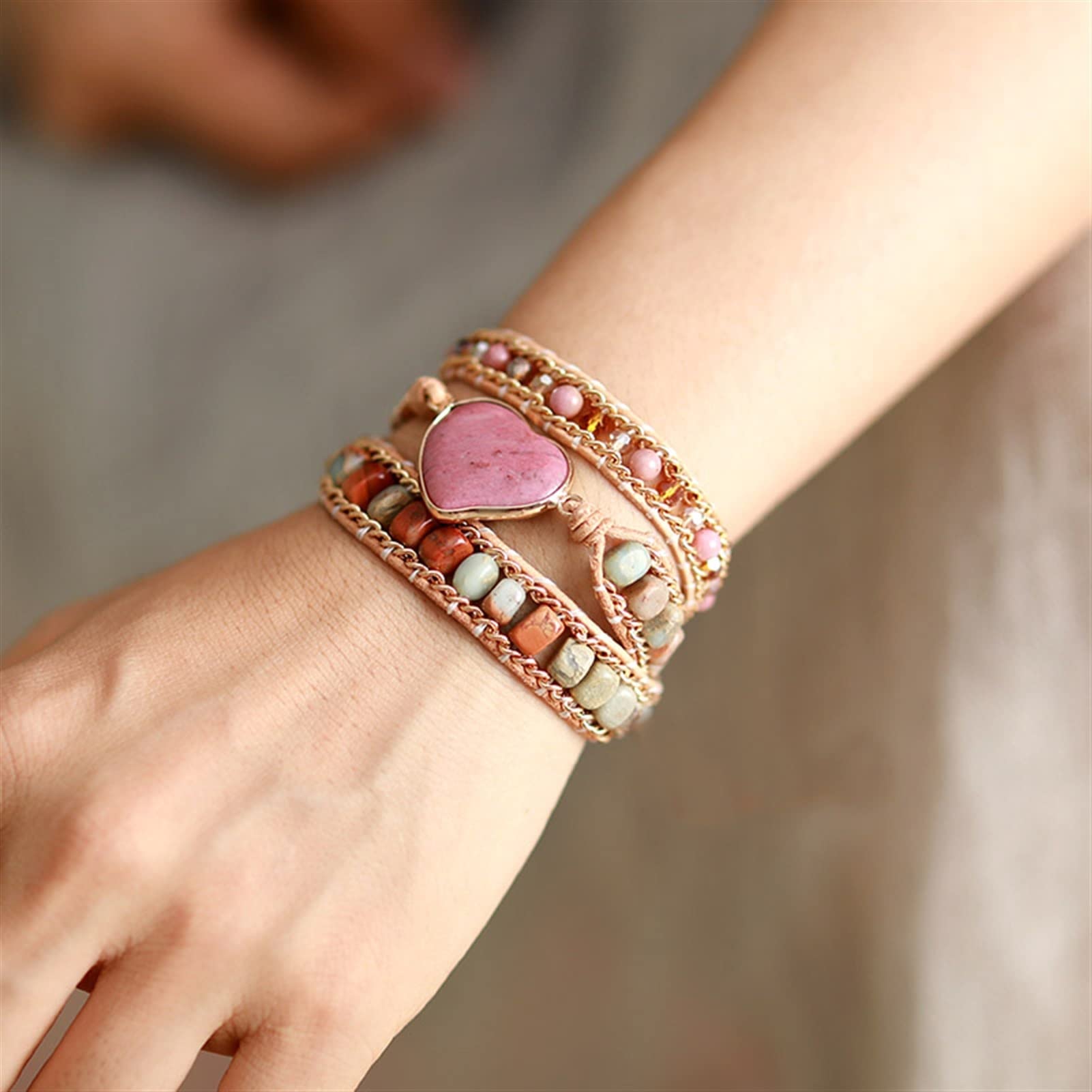 Luxus Herzform Wickelarmbänder W/Jaspis Kristall 3 Stränge Leder Kettenarmband Mode Bijoux Schmuck Armband Schmuck