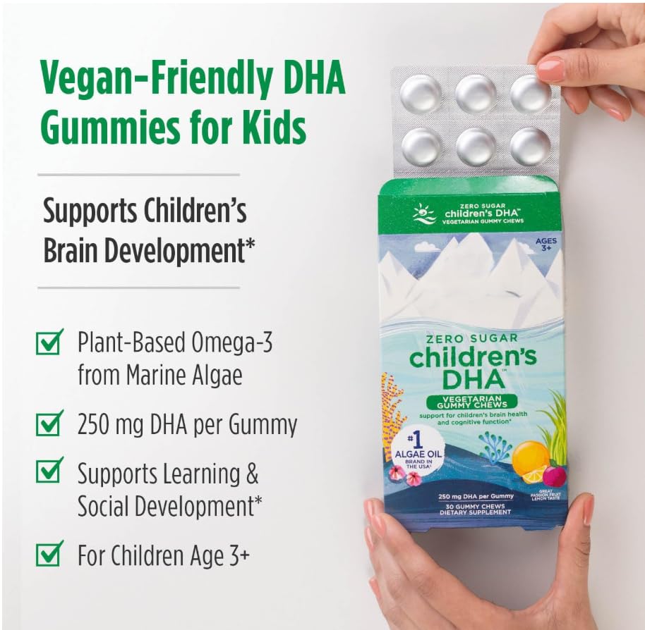 Gomitas masticables veganas DHA para niños, cero azúcar, omega-3 de aceite de algas, limón de fruta de la pasión, 30 gomitas