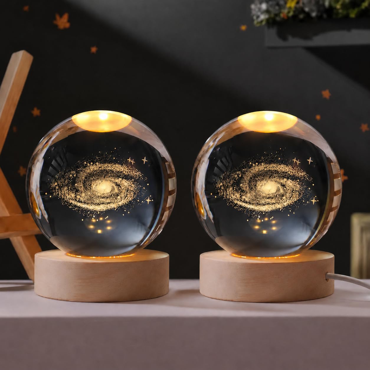 One94Store 3D Galaxy Crystal Ball Night Lamp - Engraved USB Table LED Wooden Light for Home Office Decoration and Birthday Gift (Galaxy)(Pack of 2, Warm White)