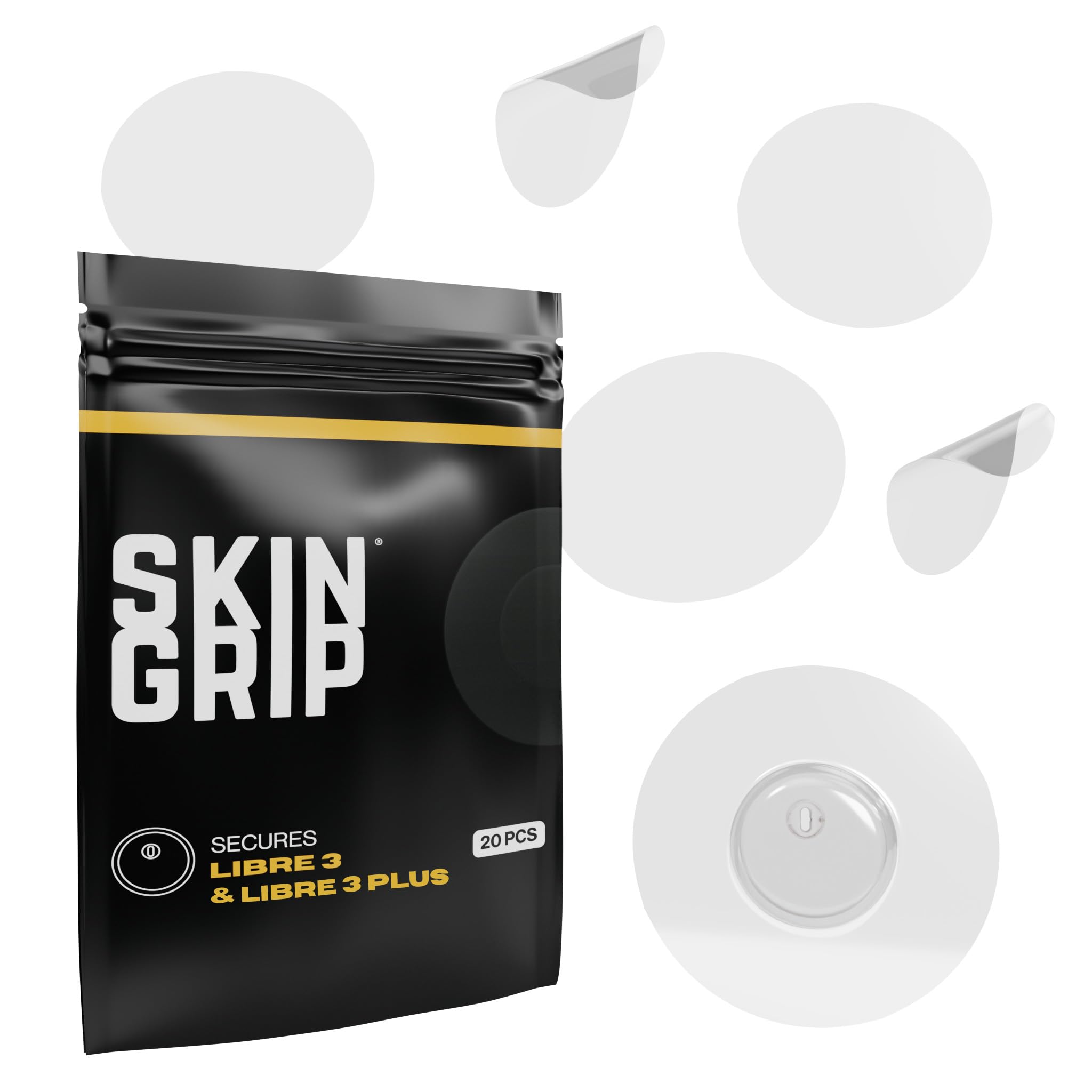 Skin GripFreestyle Libre 3 Sensor Covers-Waterproof & Sweatproof Adhesive Patches for 10-15 Days (Not for Libre2), Pre-Cut CGM Diabetic Sensors Cover, Compatible with Instinct Sensors- 20 Pack, Clear