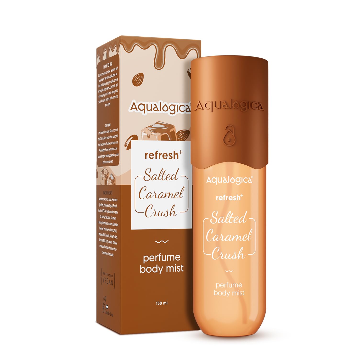 Aqualogica Refresh+ Perfume Body Mist - Salted Caramel Crush | Mouthwatering Gourmand Scent | Long Lasting Fragrance | Double Duty for Hair & Body | Non-Irritating & Hydrating | Infused with Zemea & Hyaluronic Acid | For Men & Women | 150 ml-image-24