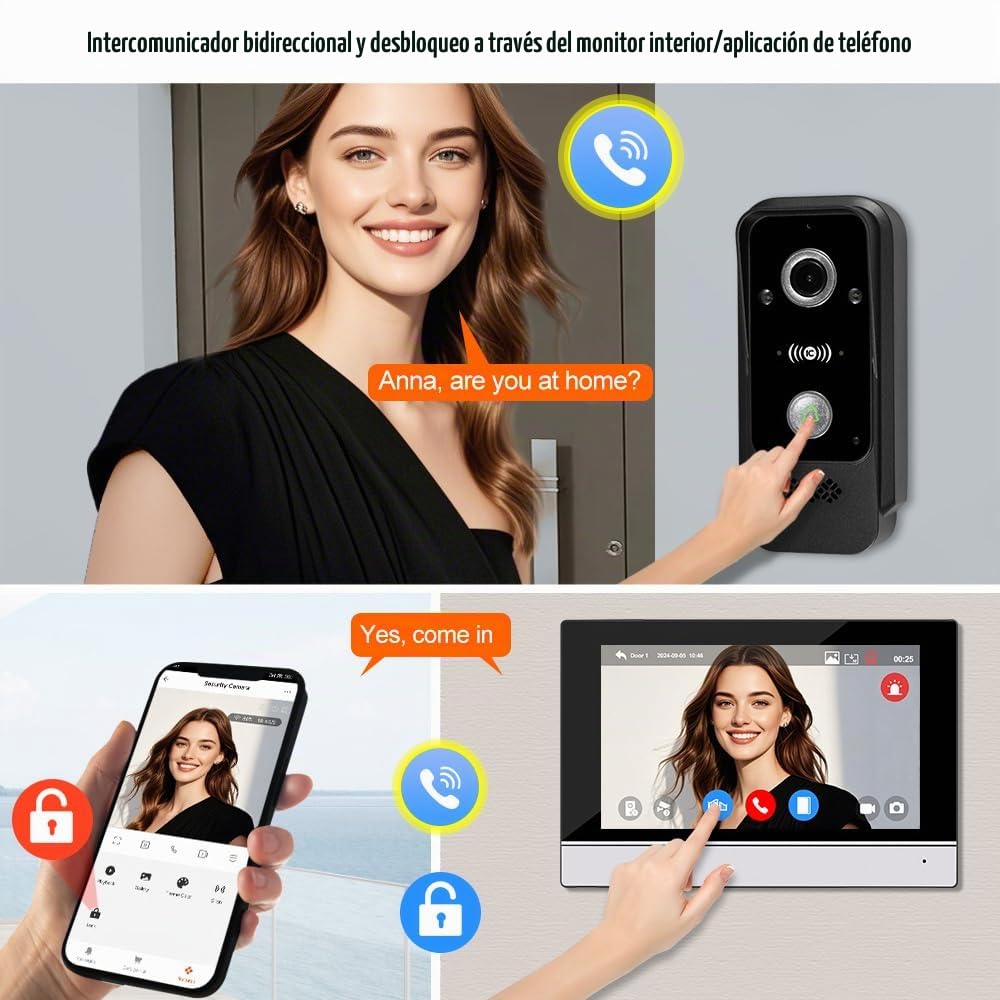 Sistema de Intercomunicación WiFi Tuya Visual Cámara Timbre de Vídeo 1080P HD, con Pantalla Táctil de 7 Inch, Visión Nocturna Infrarroja, Grabación, Desbloqueo de App/Tarjetas RFID