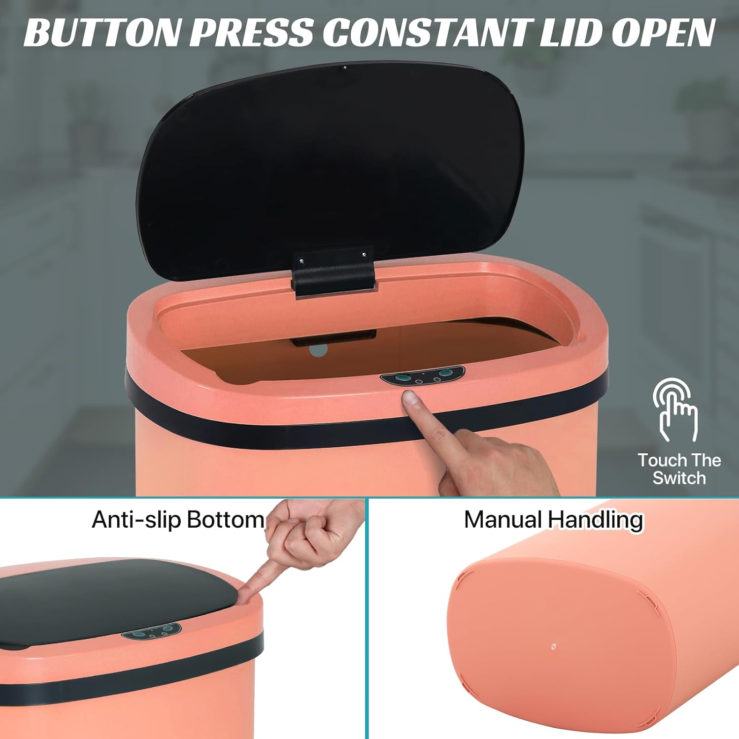 Dkeli 13 Gallon Trash Can Automatic Kitchen Trash Can 50 Liter Touch Free Garbage Can with Lid Brushed Waste Bin for Home Office Bedroom Bathroom, Pink