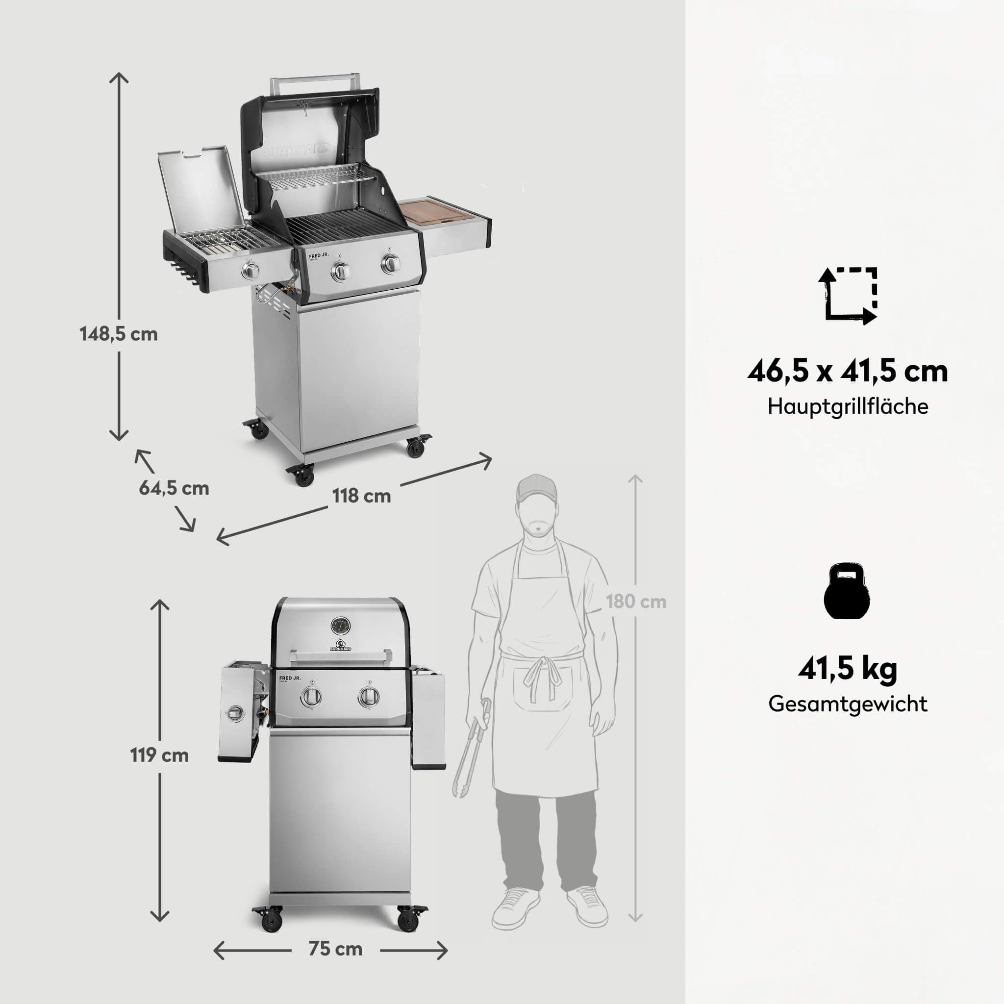 BURNHARD® Gasgrill 2-Brenner, 2x Edelstahl-Stabbrenner, 3,75 kW, Infrarot-Keramikbrenner, Seitentisch, Gussrost, Piezo-Zündung, kompakt, für 5 Personen – FRED Jr. Deluxe