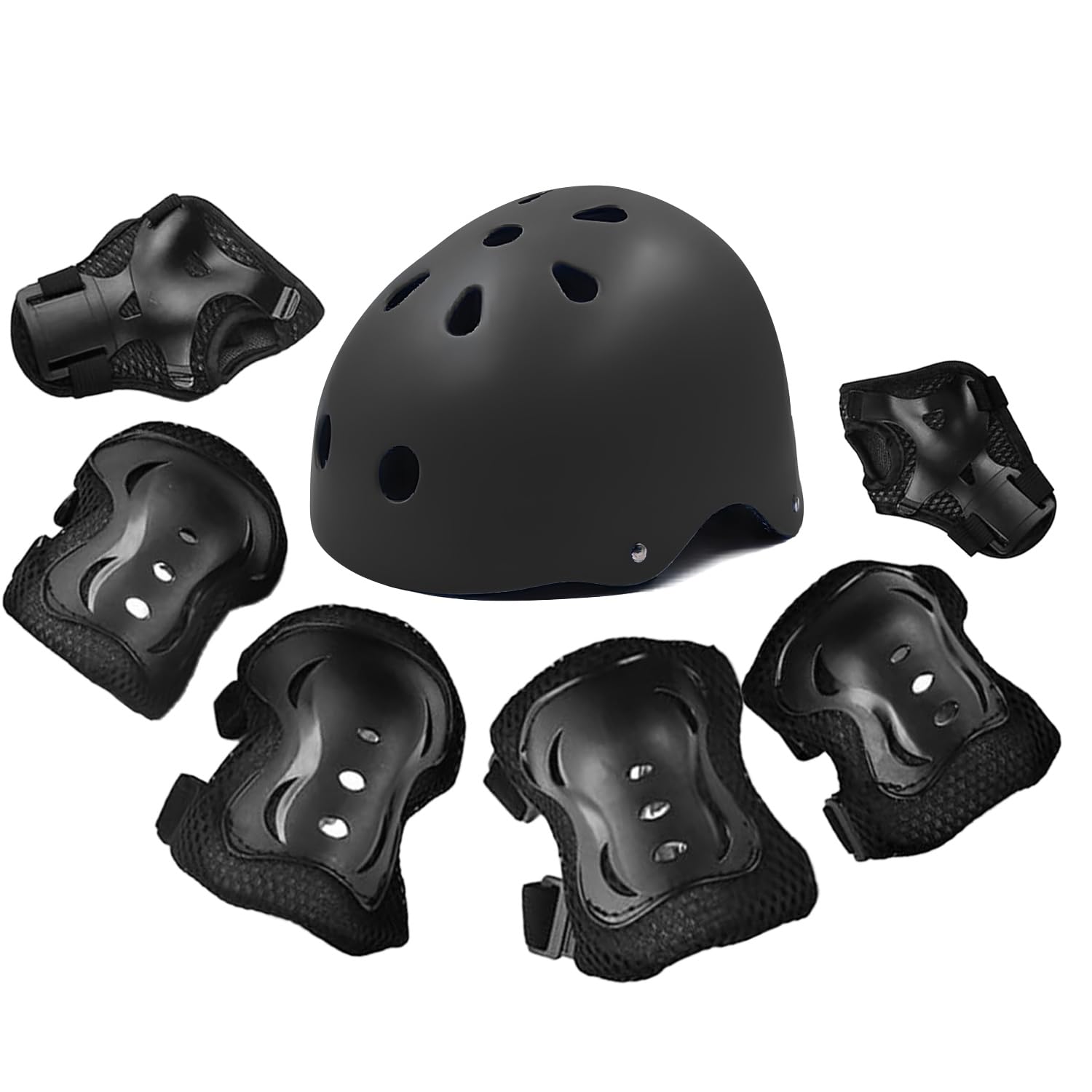 Kids Adjustable Sport Helmet and Knee Pads Set 7 in 1, Kids Adjustable Sport Helmet with Knee Pads Elbow Pads Wrist Guards for Scooter Skateboard Roller Skating Cycling BLACK