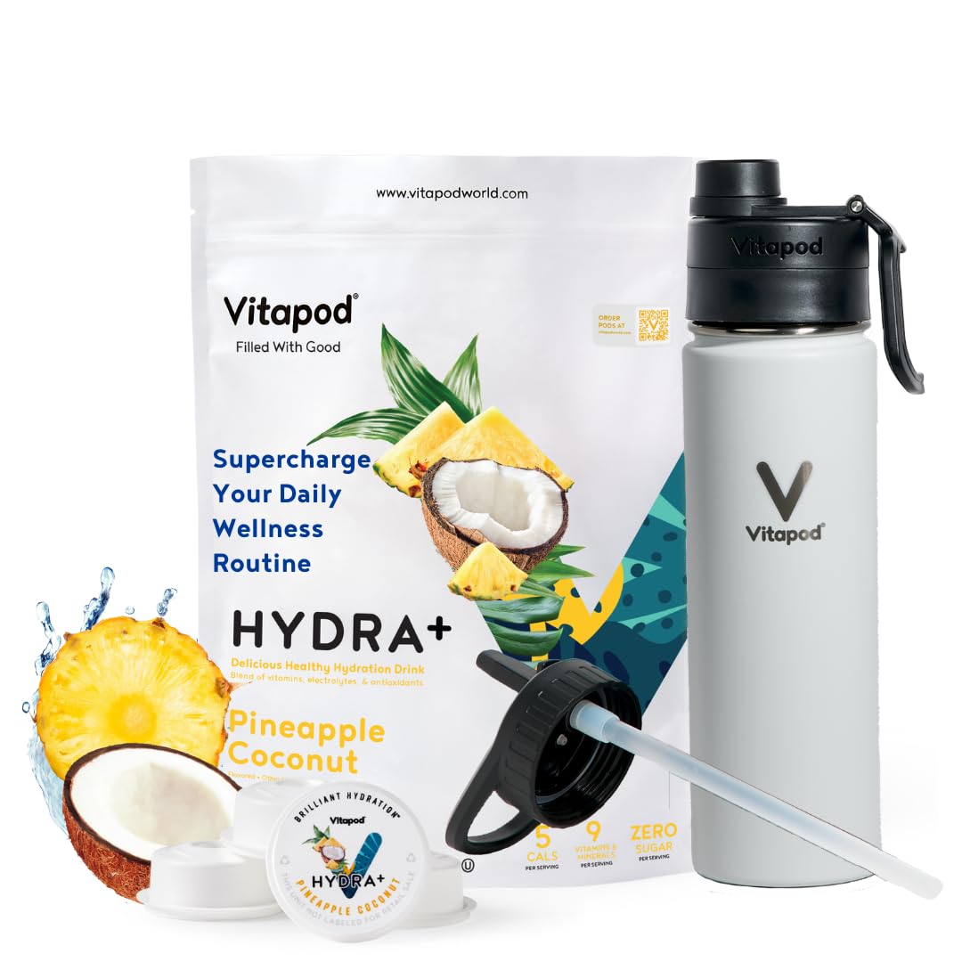 Vitapod Hydra+ Pineapple Flavored Water Enhancer Pods Starter Bundle, Water Flavoring, Sugar Free, Vitamin C, Vitamin D, Zinc, 30 Pods, 22 oz Stainless Steel Water Bottle, White