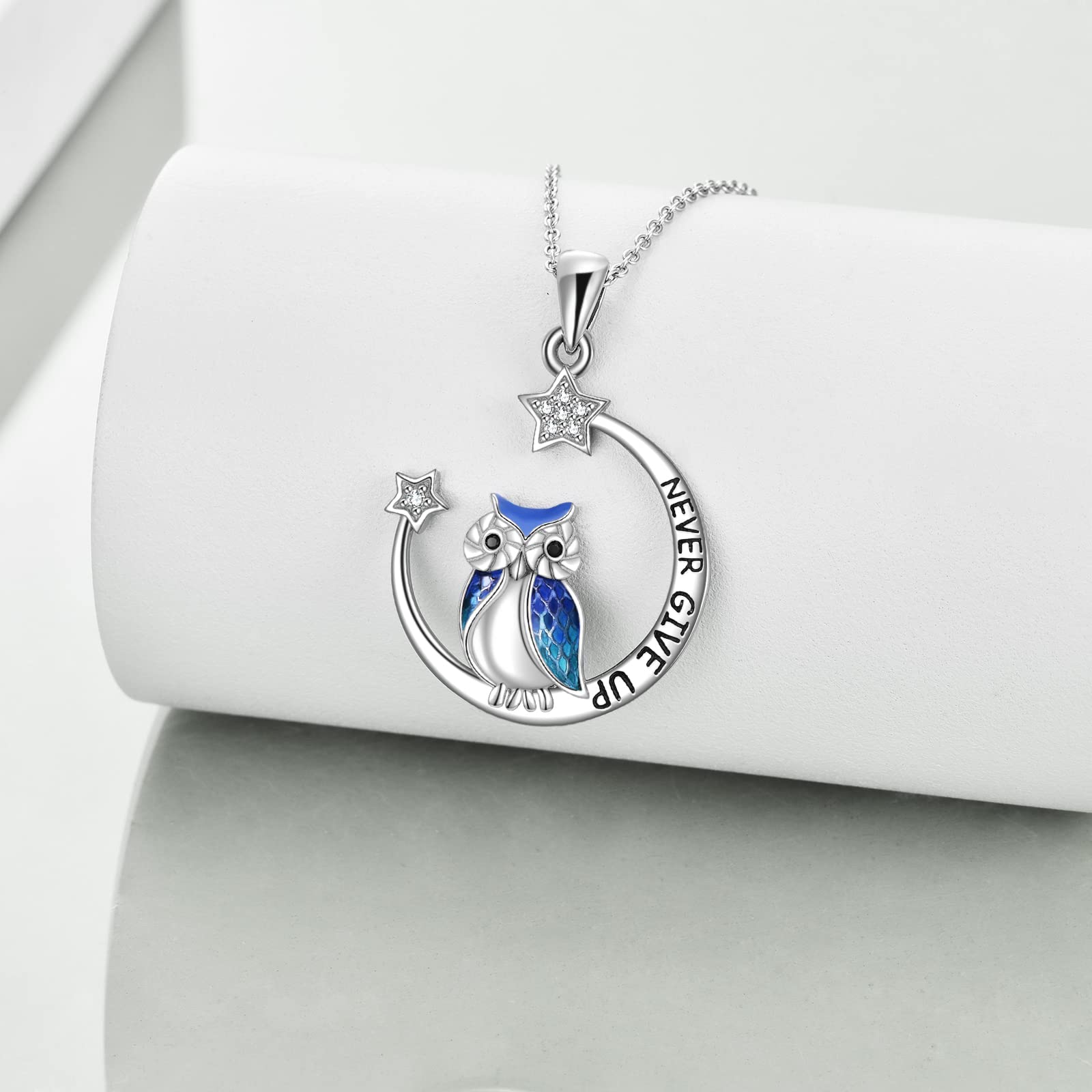 YFN Owl eulen Halskette Inspirierender Schmuck Sterling Silber Geben Sie niemals auf Eulengeschenke Moon Star Halskette für Frauen Girlsr (Blue)