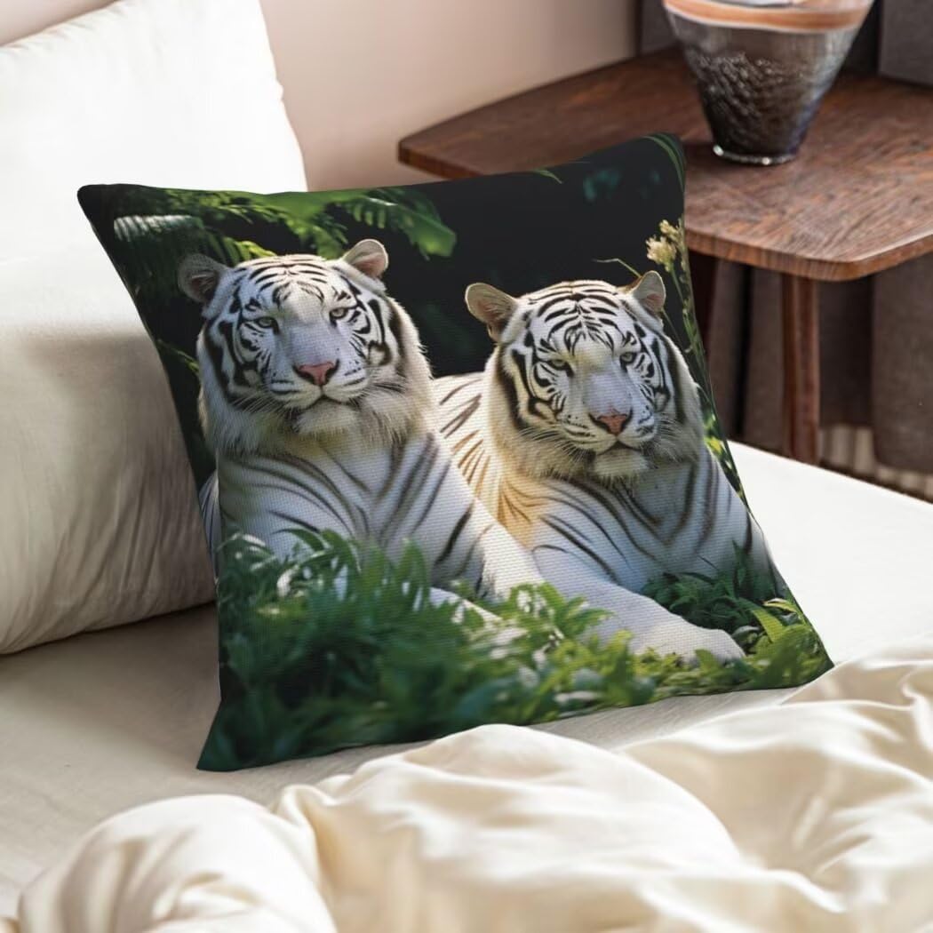 Fundas de Cojines 55x55 cm Juego de 4 Animales Funda de Almohada del Decorativos de Tela de Lino para Sofa con Cremallera Oculta, Funda Cojin Tigre Blanco Cushion Covers Decoración del Hogar -LI41