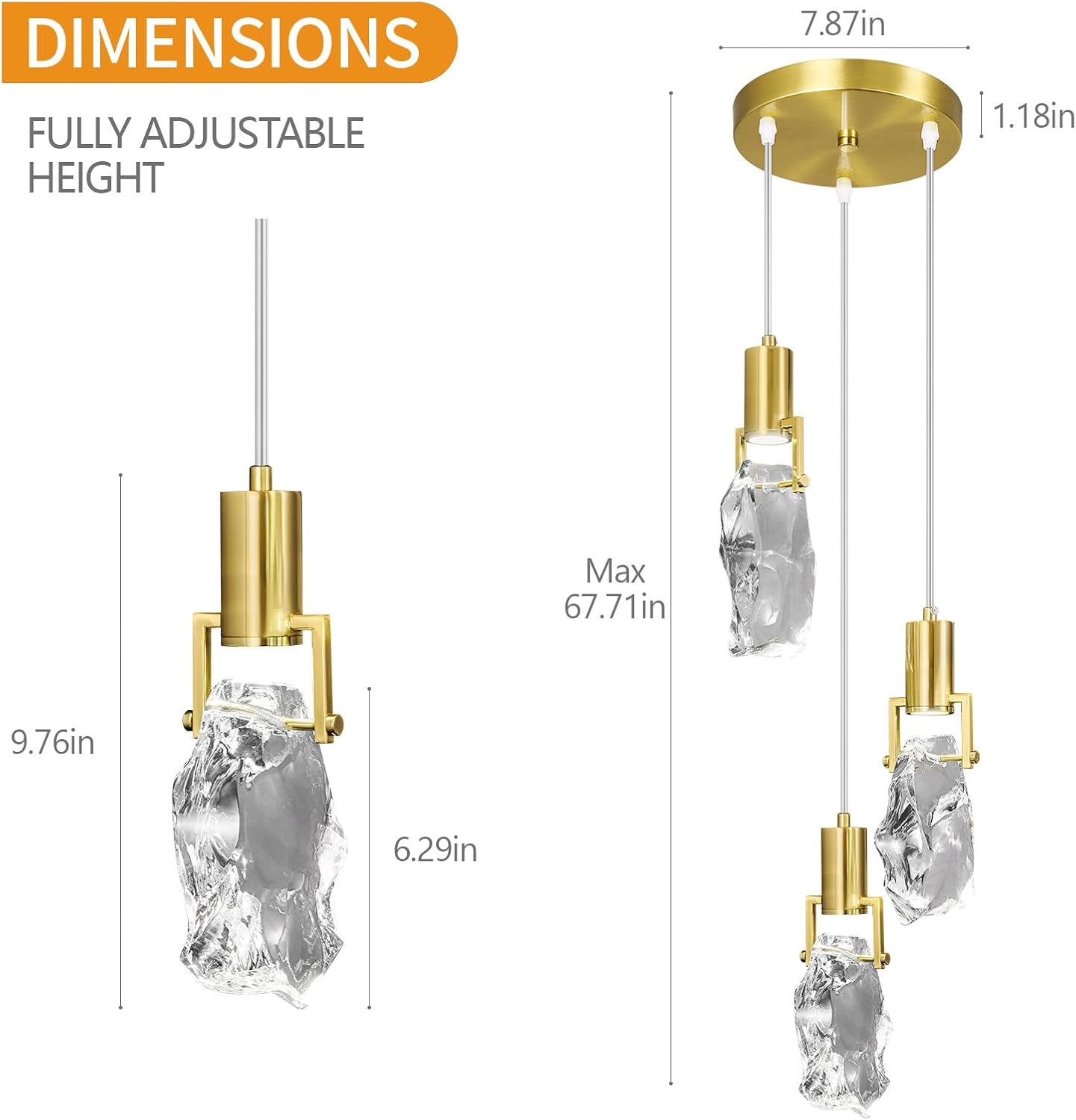Modern Gold Pendant Lights Kitchen Island Clear Irregular Crystal Pendant Light Fixtures LED Mini Pendant Lights for Kitchen Island Living Dinning Room Bedroom Farmhouse(3 Lights)