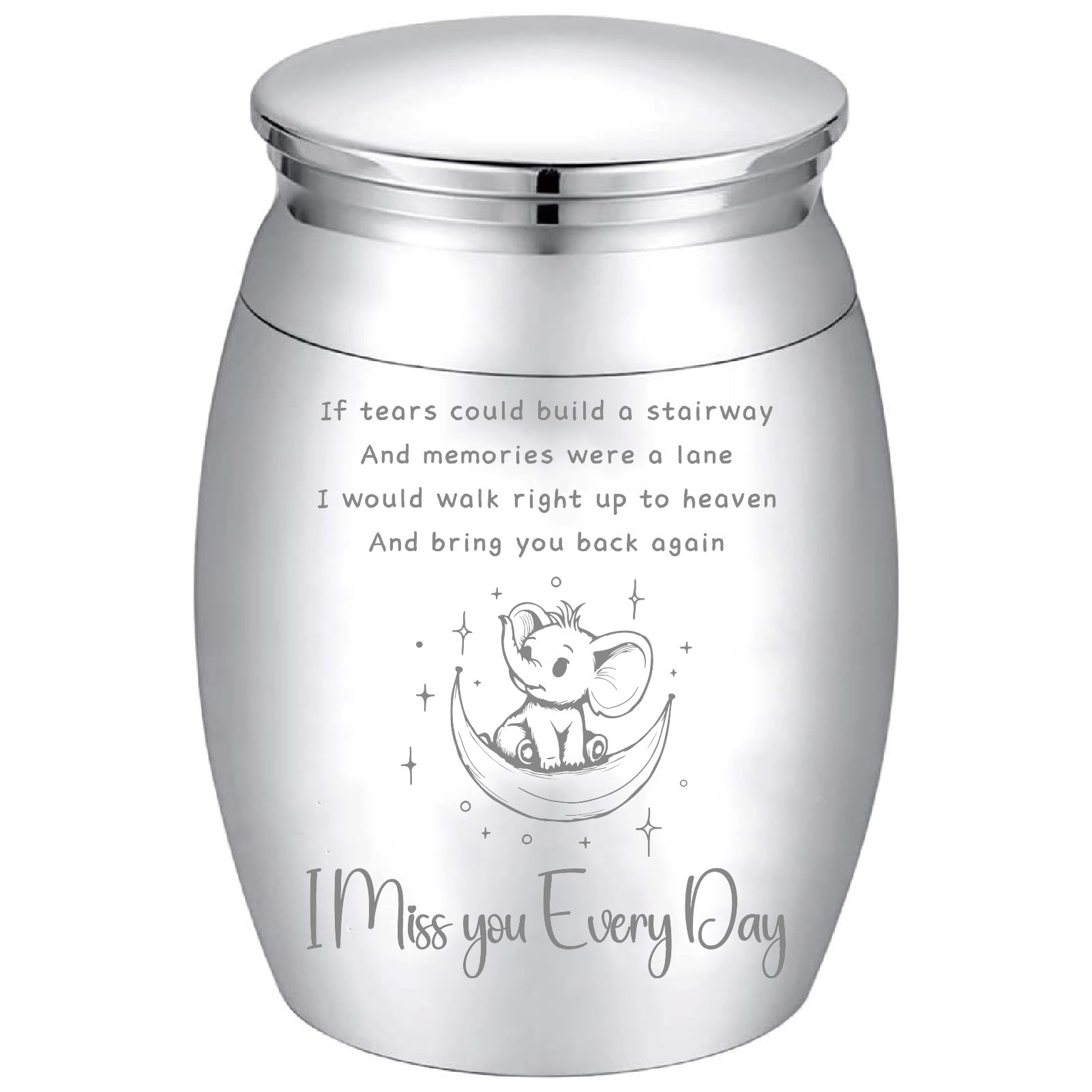 CREATCABIN Mini Elephant Urn Silver Metal Urn Alloy Decorative I Miss You Every Day Pets Human Keepsake Memorial Cremation Small Ashes Holder Container for Funeral Burial Male Female 1.6 x 1.2 Inch
