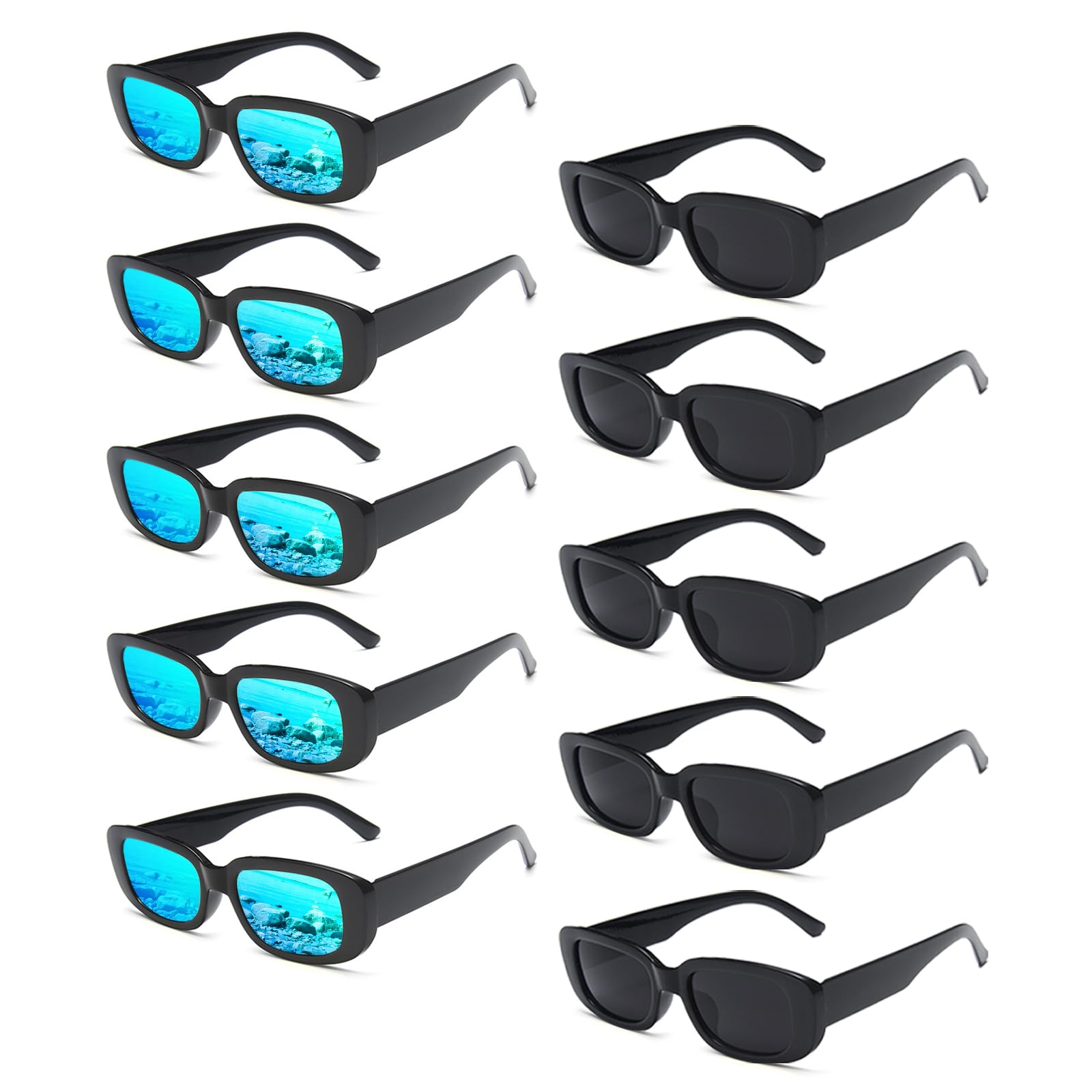 Geopty 10 Pack Neon/Black Rectangle Sunglasses Bulk for Women Men Retro Trendy Small Rectangle Glasses Party Favors