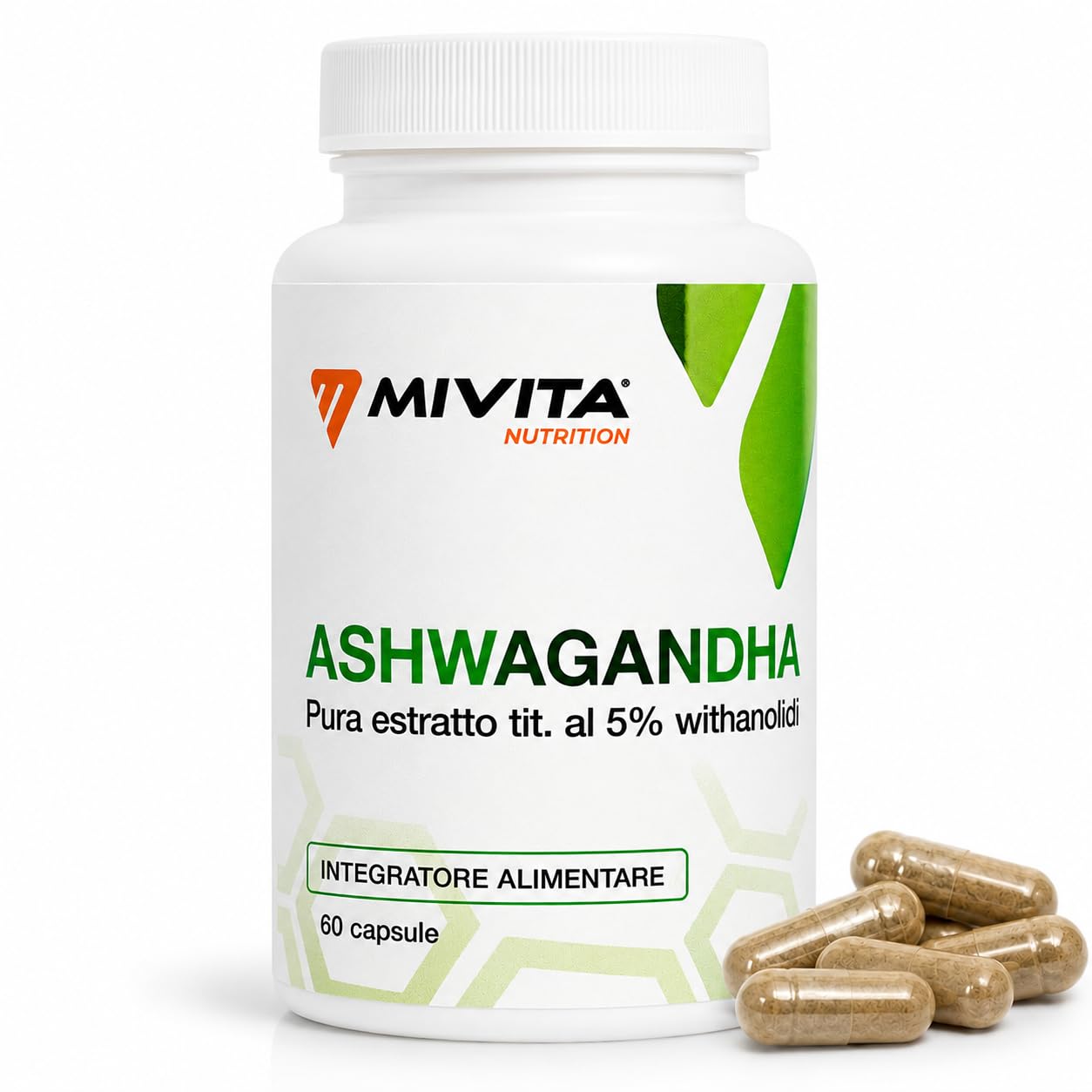 Mivita Ashwagandha Pura 600 mg - 60 Capsule Vegetali - Integratore Ashwagandha Vegana 25:1 5% Withanolidi - Supporto per Ansia e Stress, Cortisolo e Benessere