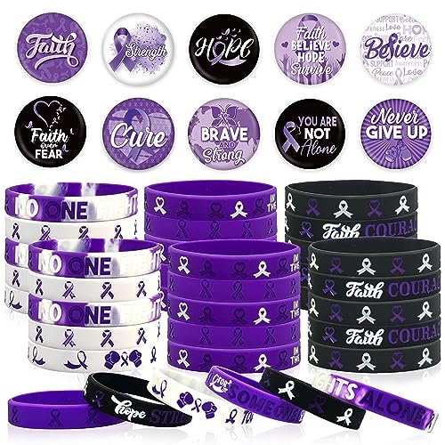 60 Pcs Purple Ribbon Awareness Accessories Stuff Include Purple Ribbon Silicone Bracelet Rubber Wristband and Button Badges Pins for Animal Abuse, Alzheimer's Pancreatic Cancer Gifts Party Supplies