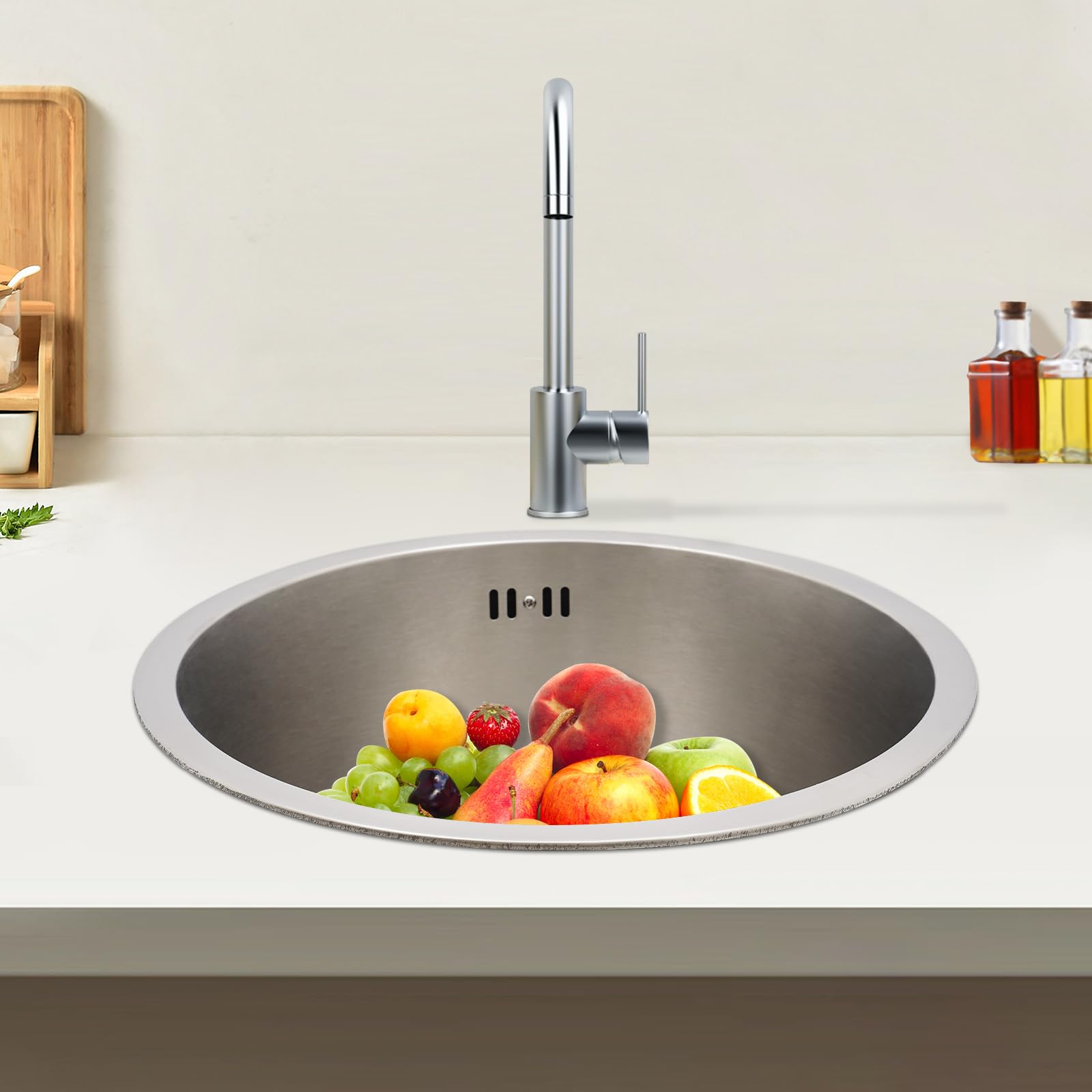 Lavello rotondo in acciaio inox, diametro 41 cm, in acciaio inox, con filtro e fognatura